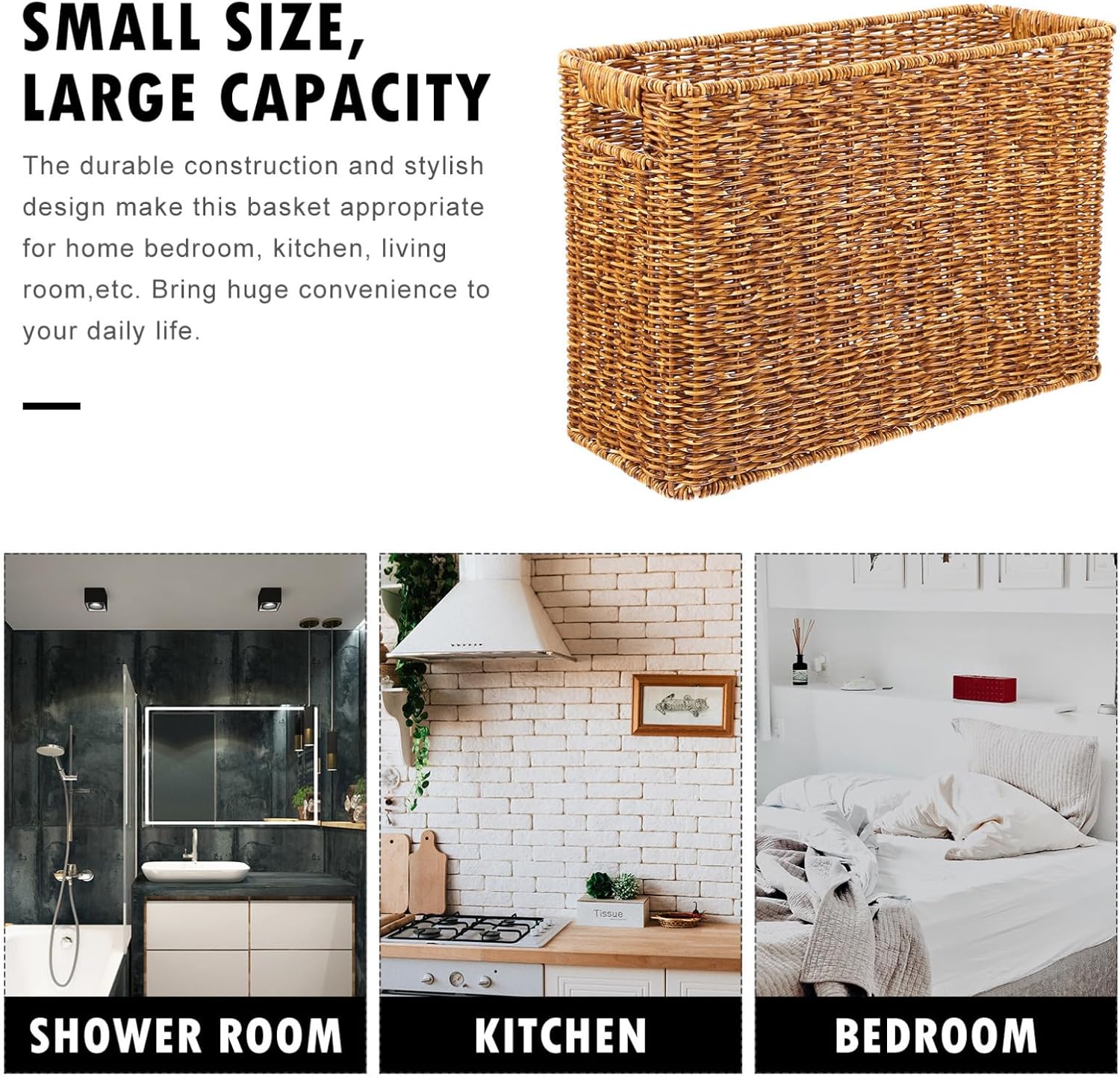 Woven Magazine Storage Basket, Rectangular Organizer Bin for Documents