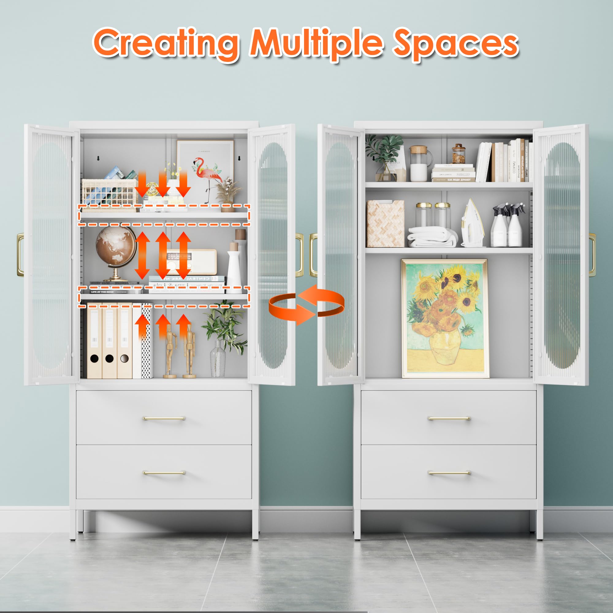 Aobabo Metal Office -Akten Speicherschrank mit 2 Schubladen und 2 einstellbaren Regalen - 155 cm hohe Glasentüren weißer Lagerschrank, 3 -stufige hohe Stahlschränke für Wohnzimmer, Büro, Büro