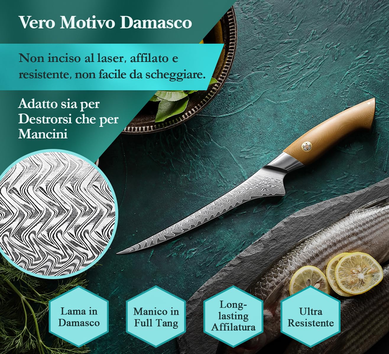 HEZHEN Damasco Coltello per Sfilettare, Profesional Pesce Filetto Coltelli da Disosso Filettare, Confortevole Full Tang Manico