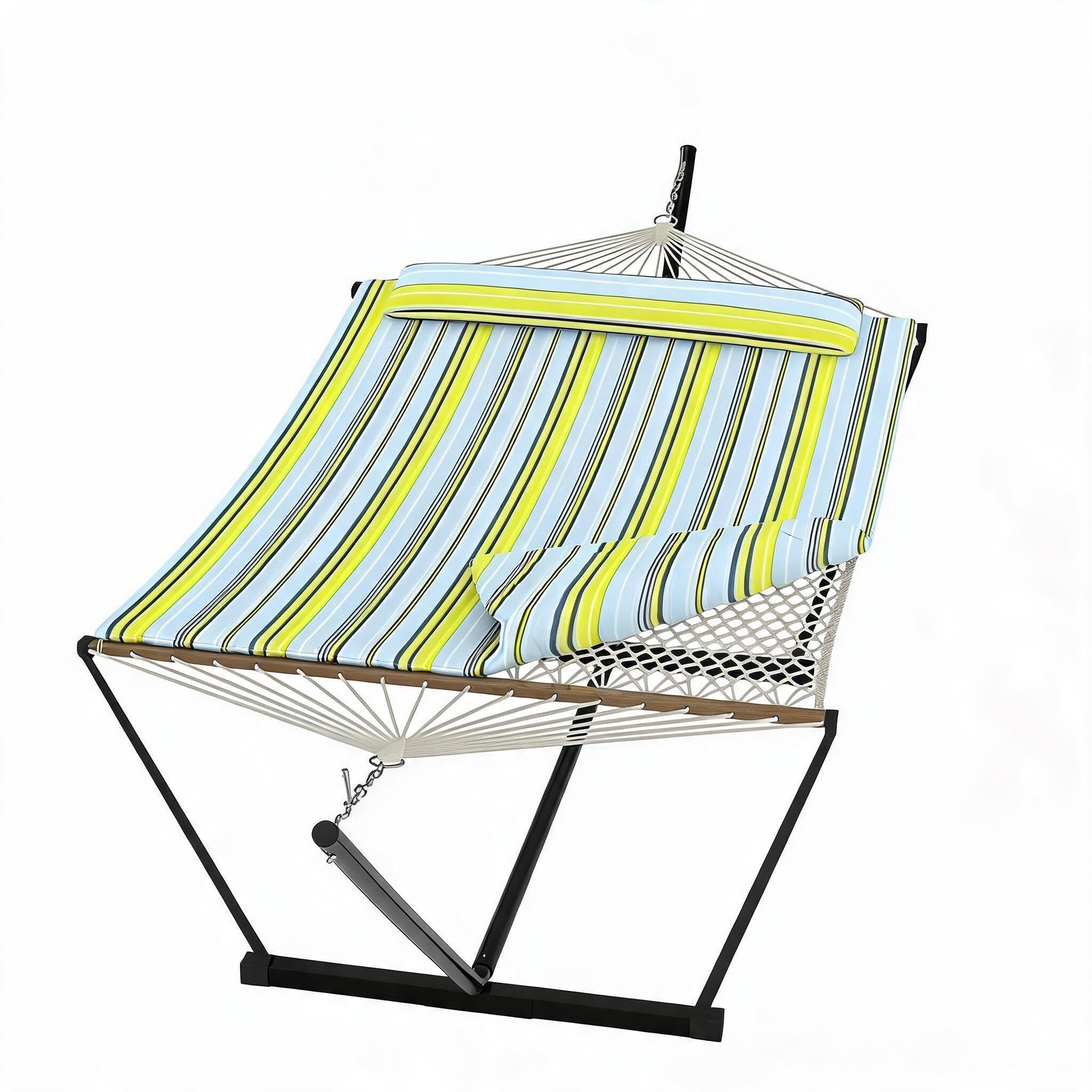 12 ft Hammock with Stand - Polyester Quilted Double Hammock with Spreader Bars, Net Bag and Cushion for Garden Patio Outdoor, 365x140x92cm, Blue