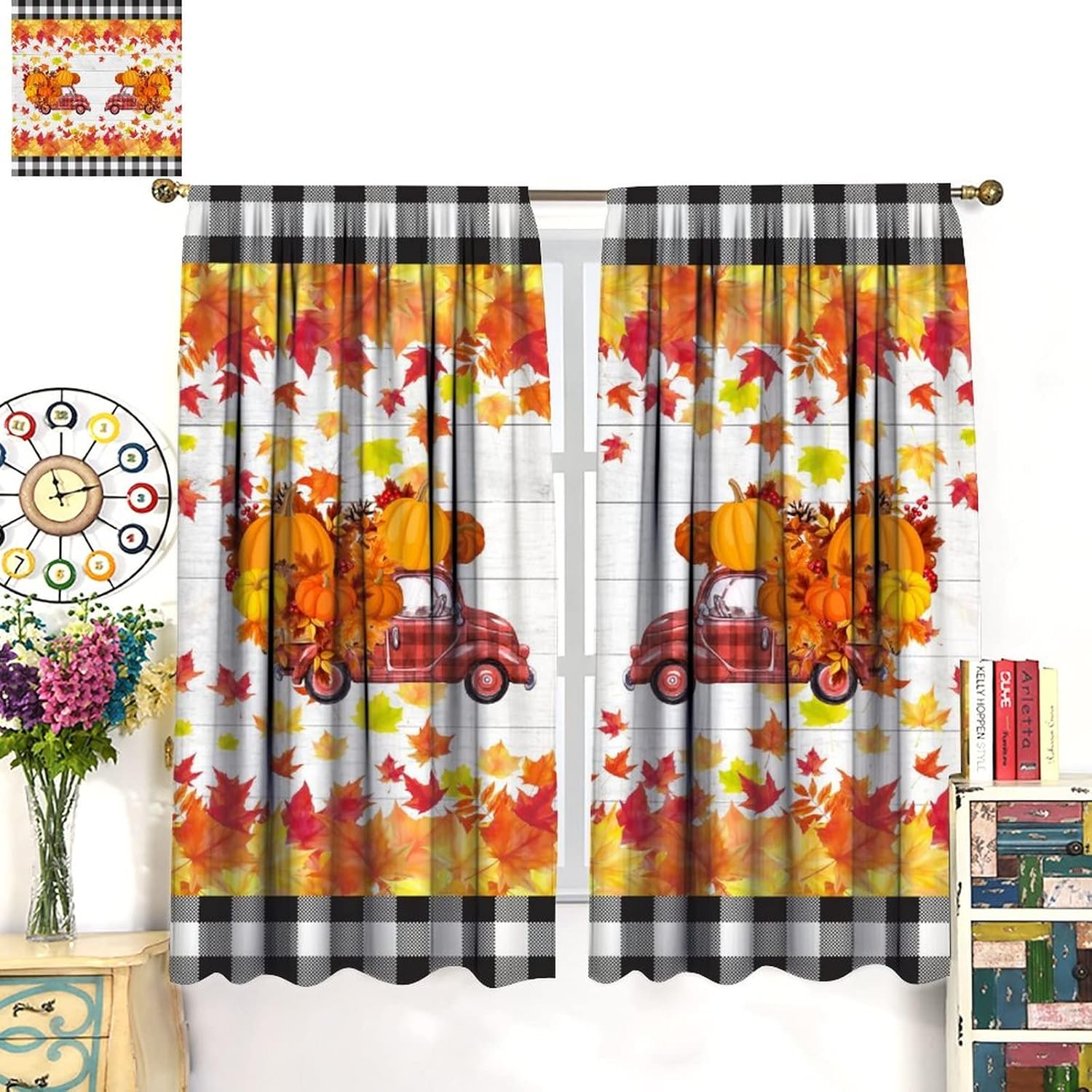 Vintage Autumn Truck Plaid Blackout Curtains for Bedroom,Check Plaid Farmhouse Pumpkin Fall Maple Leaves Window Curtains Rod Pocket 2 Panels 63L x 31.5W