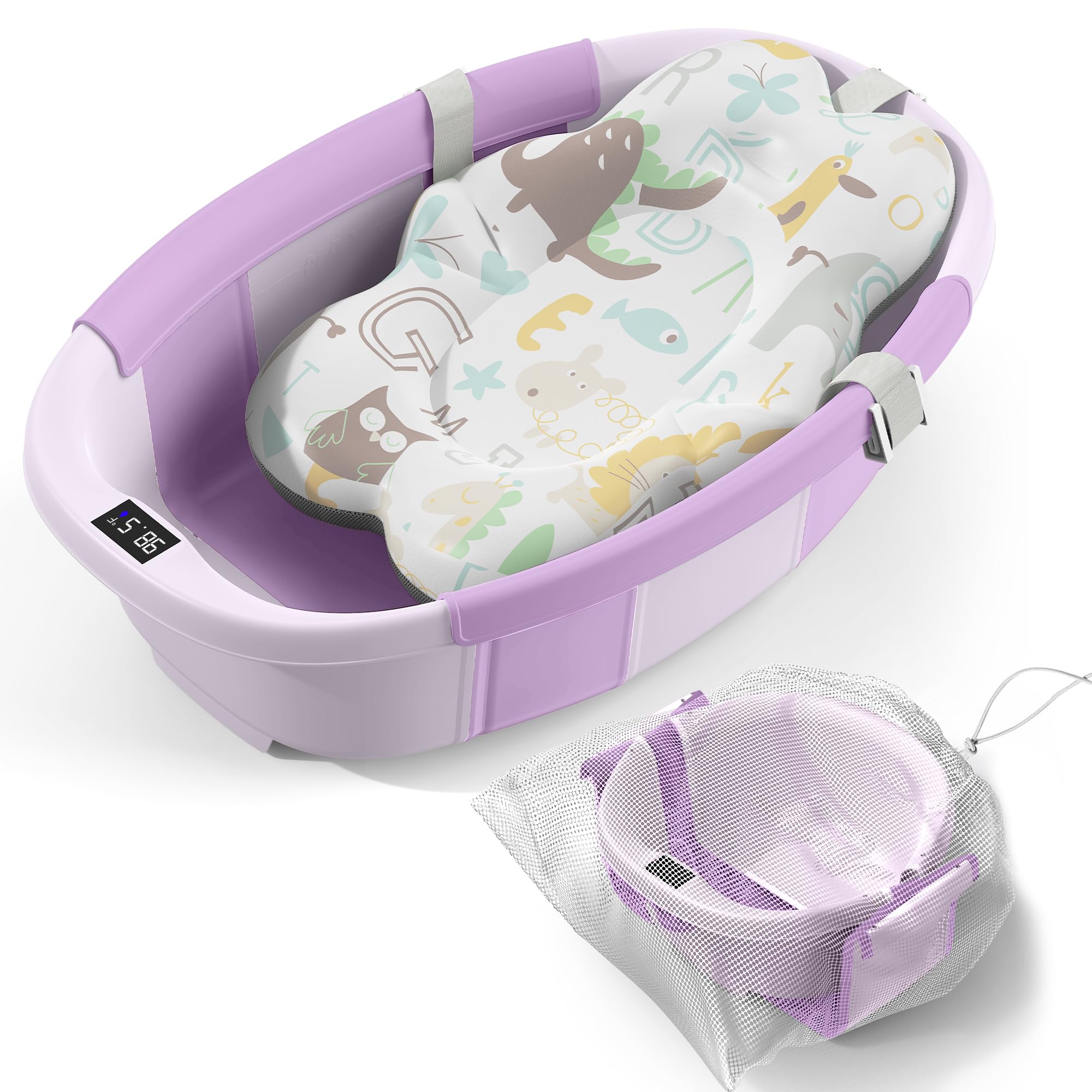 Bañera plegable para bebé, bañera grande con termómetro y cojín, bañera portátil de viaje para recién nacidos, bañera plegable para bebés de 0 a 36 meses (morado)