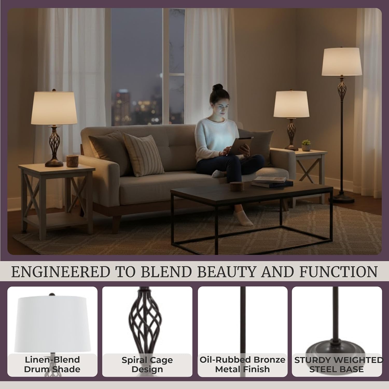 Lavish Home Table and Floor Lamps – Set of 3 Spiral Cage Design Lights for Living Room, Bedroom, or Entry with LED Bulbs Included (Bronze)