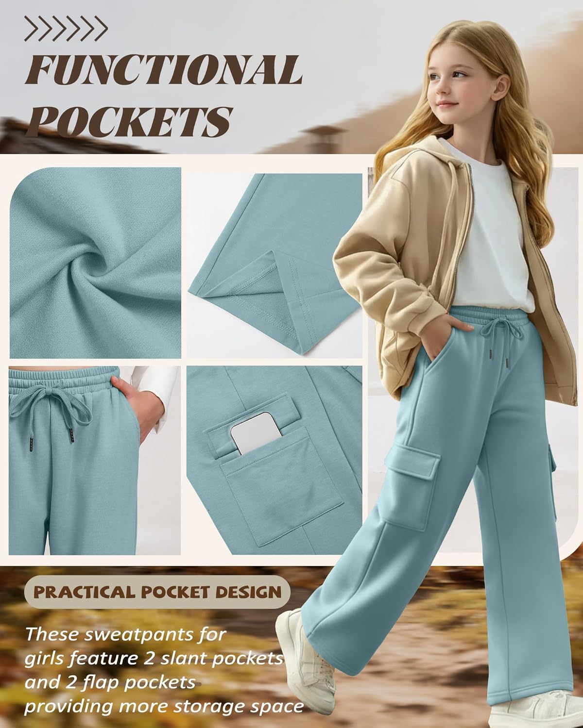 3 Pack Girls Wide Leg Sweatpants Kids Cargo Baggy Pants Drawstring Casual Athletic Joggers for Teens 5-14 Years