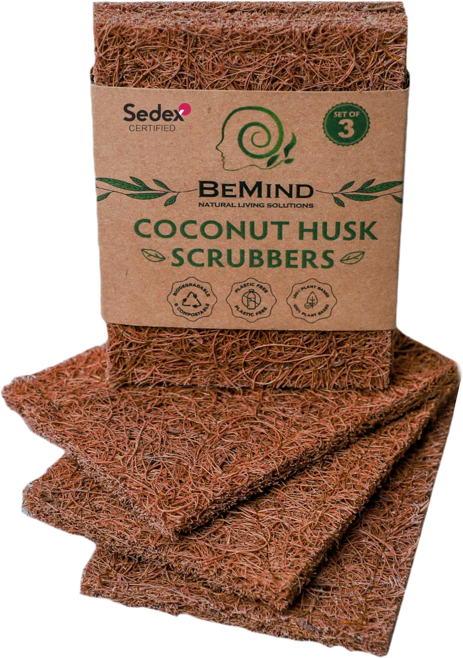 BeMind Coconut Husk Scrubber(3) Compostable Eco-Friendly Scouring Pads for Dishes| Biodegradable Natural Coir Scrub Pad| Non-Scratch