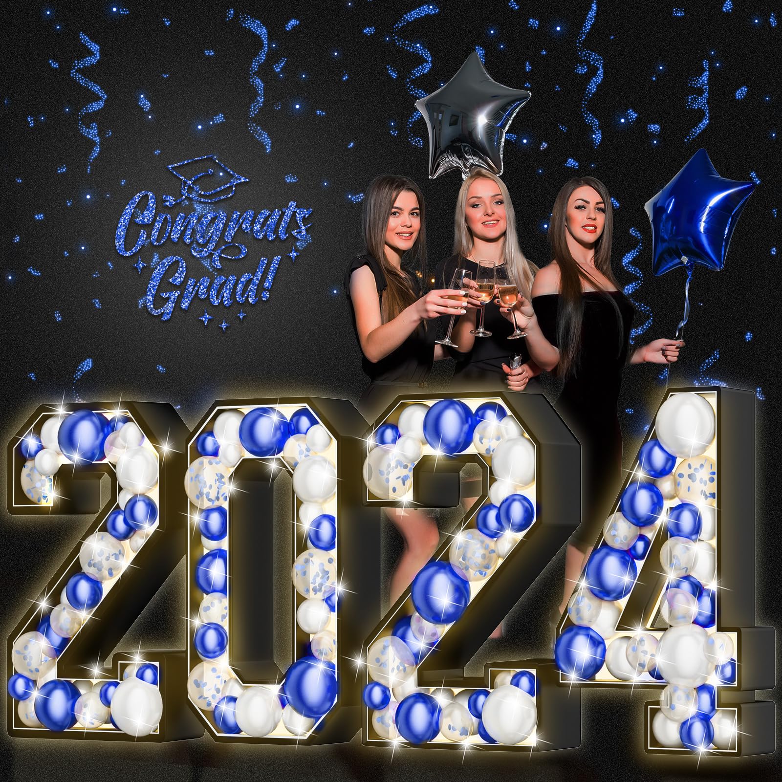 Large Marquee Numbers 2024 Graduation Party Decoration, 2.3 FT Mosaic Balloon Frame Set with 120 White Blue Confetti, Class of 2024 Signs for Graduation Prom with LED Light String-Blue
