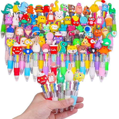 WIURGOHA 64Pcs Mini Multicolor Pens All in One 4 in 1 Cute Pens for Kids, Party Bag Fillers for Kids Classroom Fun Retractable Ballpoint Pen Gifts Party Favours School Supplies - 64 PCS