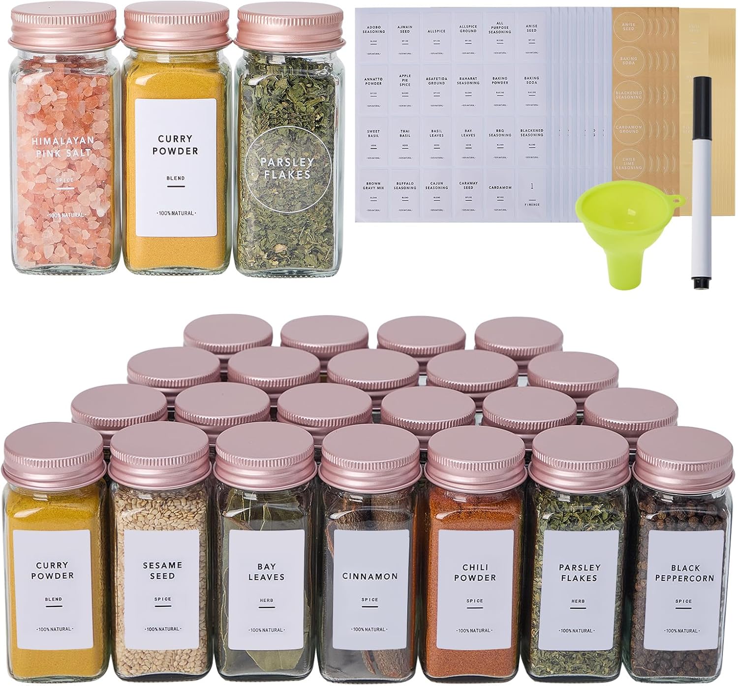 24 Pcs Glass Spice Jars with Labels and Pink Metal Caps, 4oz Empty Spice Containers with Shaker Lids, Funnel, Pen,Seasoning Storage Bottles for Spice Rack, Cabinet, Drawer