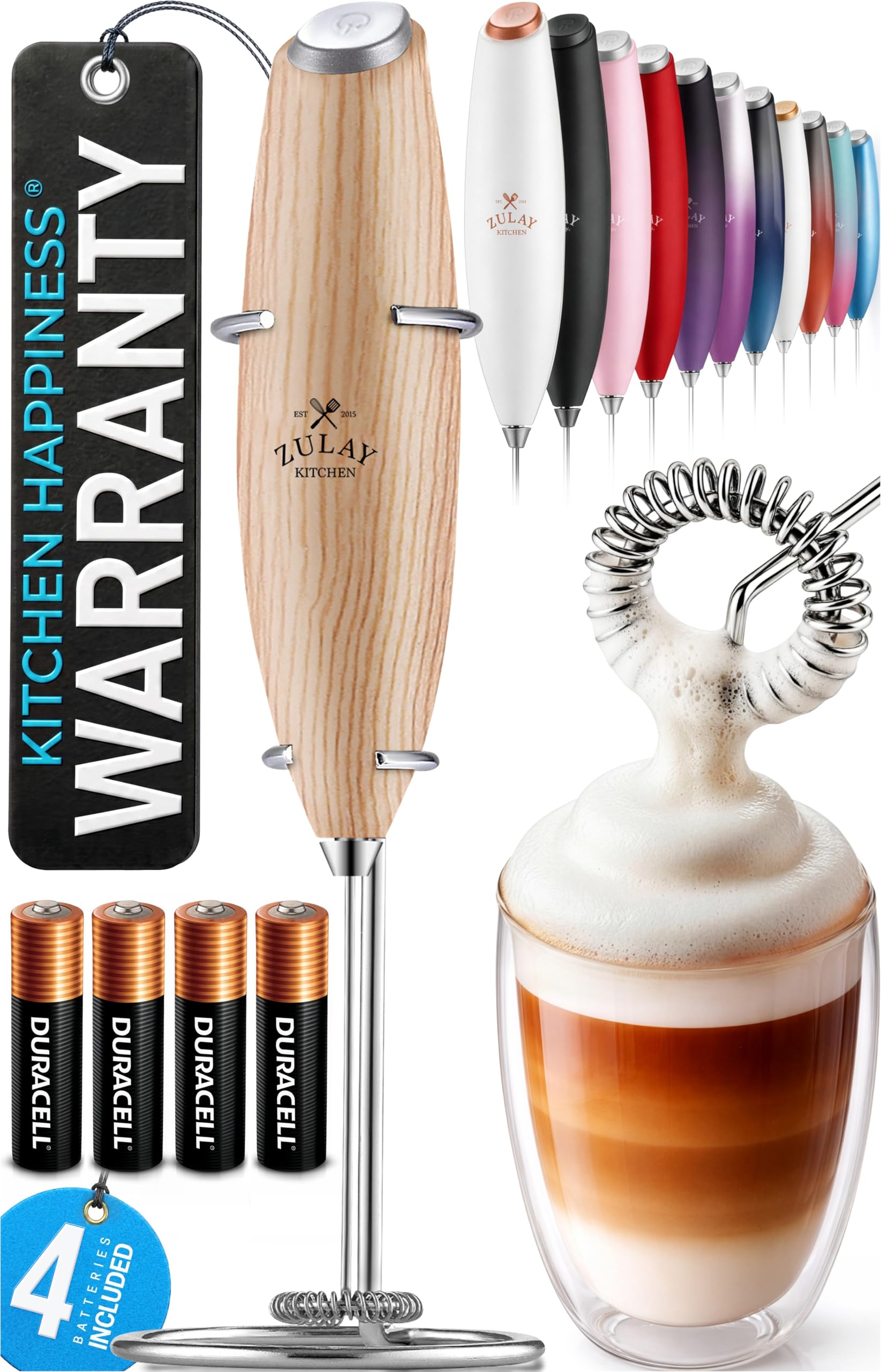 Zulay Kitchen Powerful Milk Frother Wand With Duracell Batteries - Ultra Fast Handheld Drink Mixer - Electric Whisk Foam Maker for Coffee, Lattes, Cappuccino &amp; Matcha - Z1 Motor - Maple