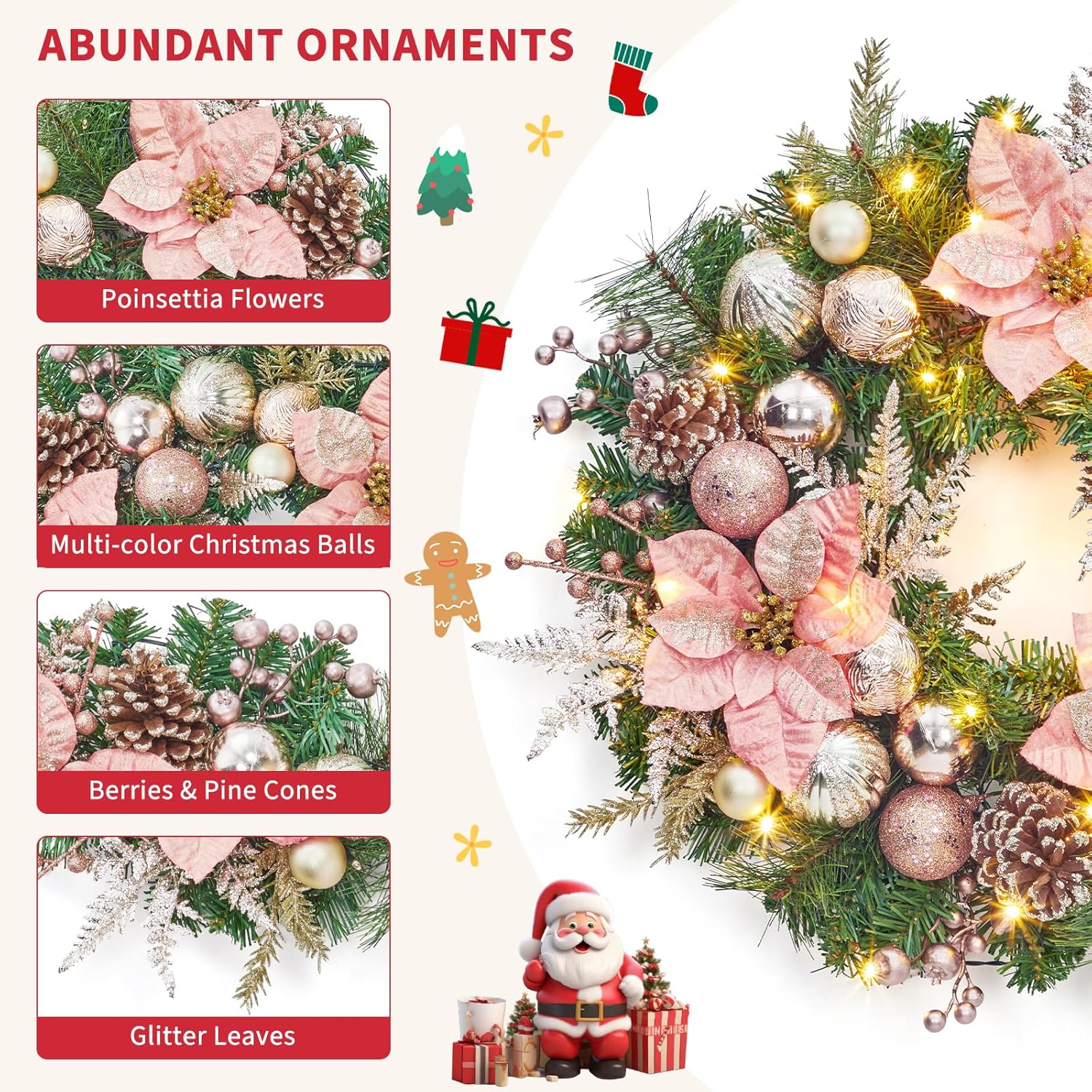 Christmas Wreaths for Front Door, 22 Inch Large Outdoor Xmas Wreath with Lights, Lighted Holiday Wreath with Flowers Ball Ornaments for Fireplace Window, Battery Operated