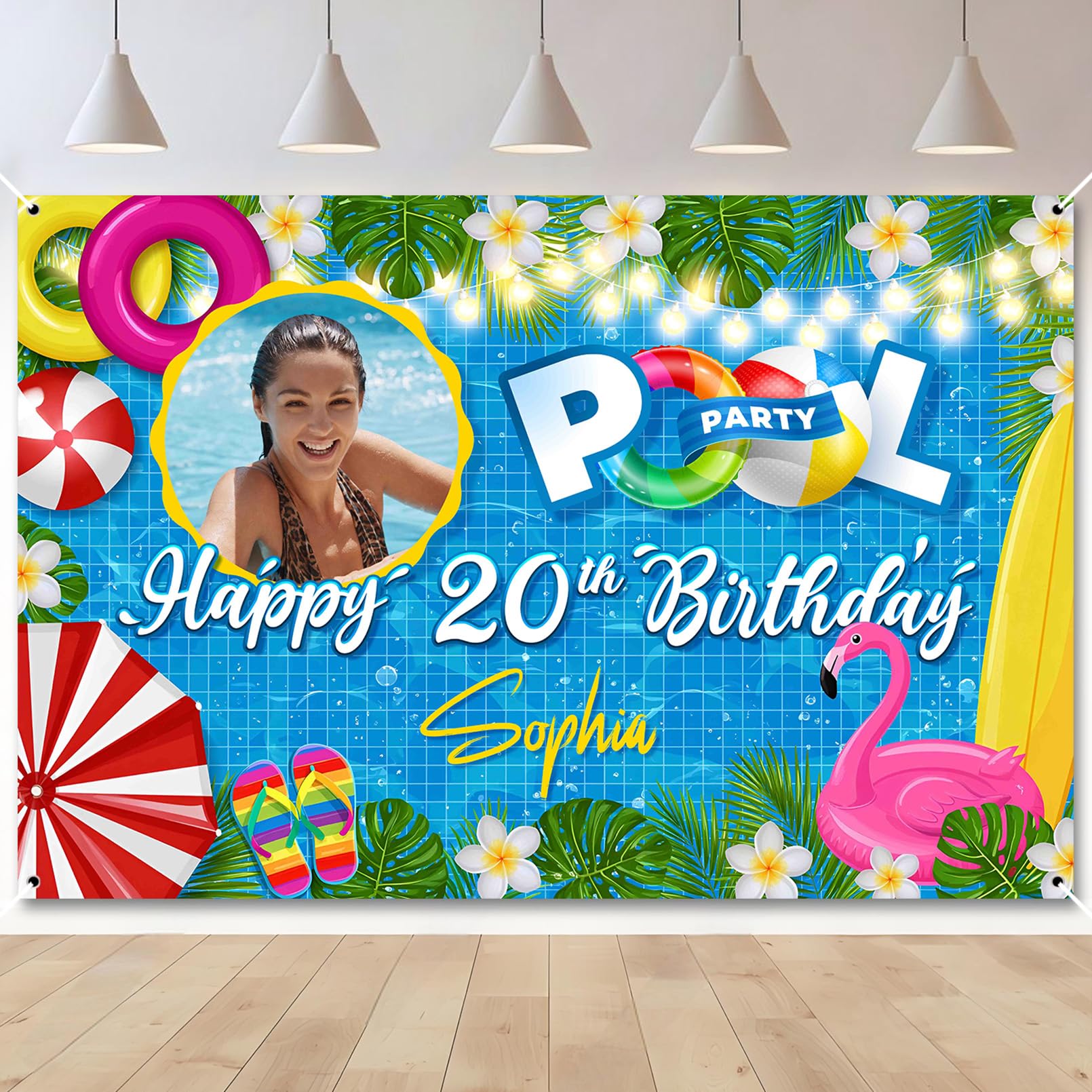 Custom Birthday Summer Pool Party Banner Add Photo Name Age — image 1