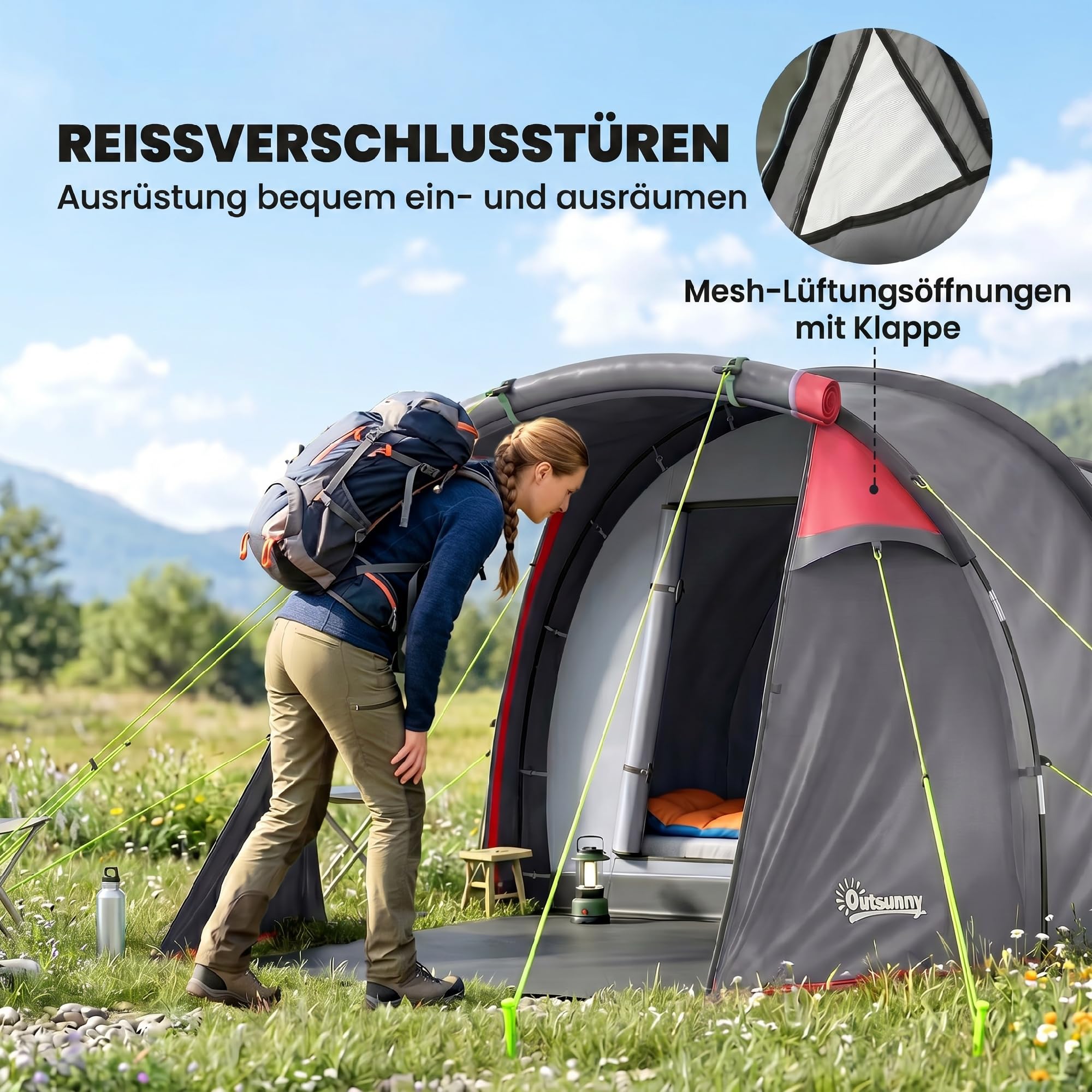 Outsunny Tente de Camping familiale 2 Personnes Tente Tunnel ventilée Facile à Monter Chambre Salon 3 Portes fenêtres 4,26 x 2,06 x 1,54 m Fibre Verre Polyester PE