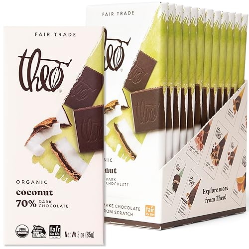 Miniatura 7 de Theo Barra de chocolate negro orgánico de coco y chocolate, 70% cacao, paquete de 12  Vegano, comercio justo
