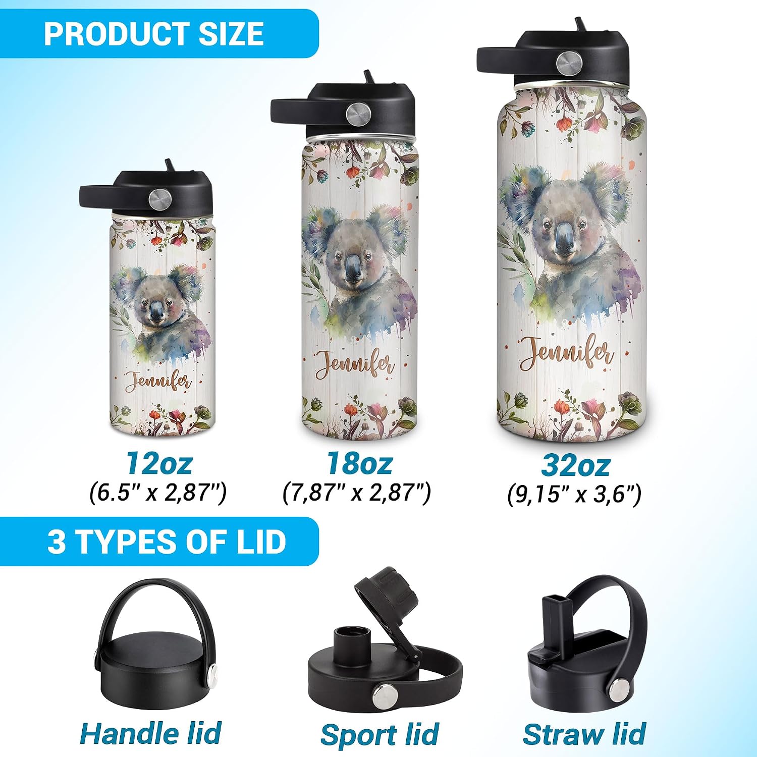 Hyturtle Personalized Koala Water Bottle - Travel Insulated Stainless Steel Bottle with Leak-Proof Lid 18 oz, 32 oz - Gift for Women Girls Koala Lovers - Birthday & Christmas Gift