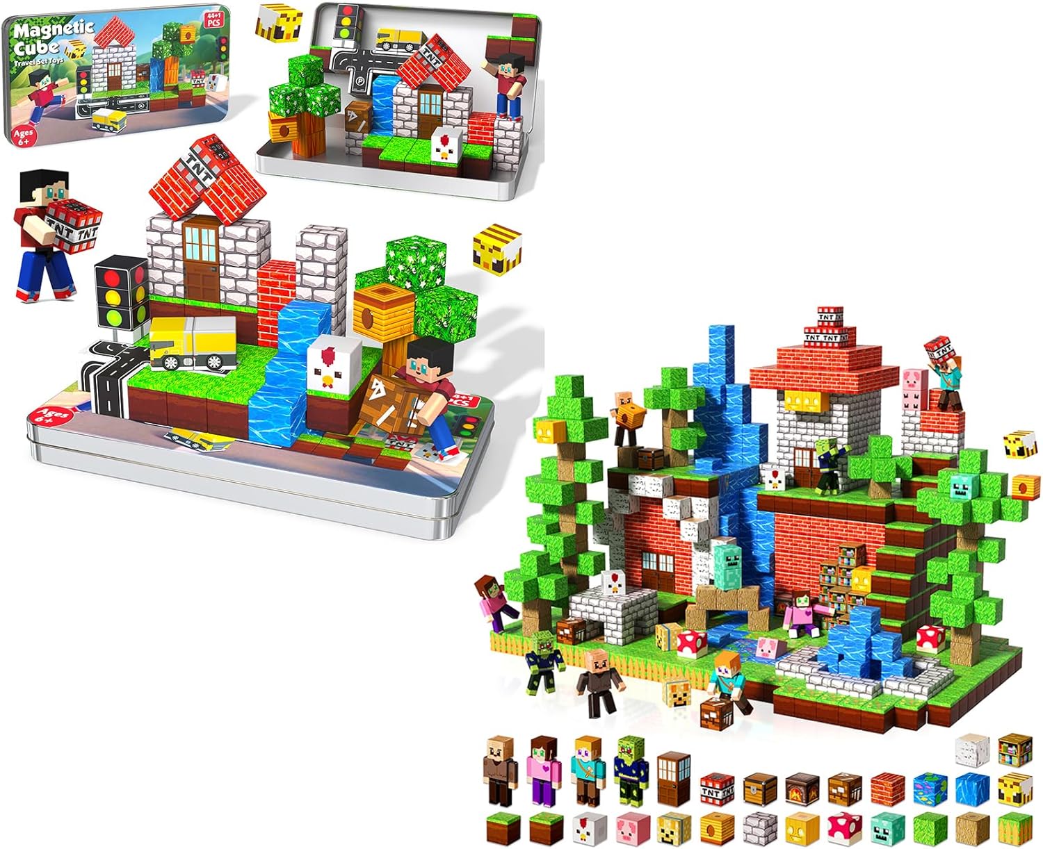 210 Pcs Magnetic Blocks with 5 Pcs Action Figures - Magnetic Building Blocks for Kids Ages 4-6-8