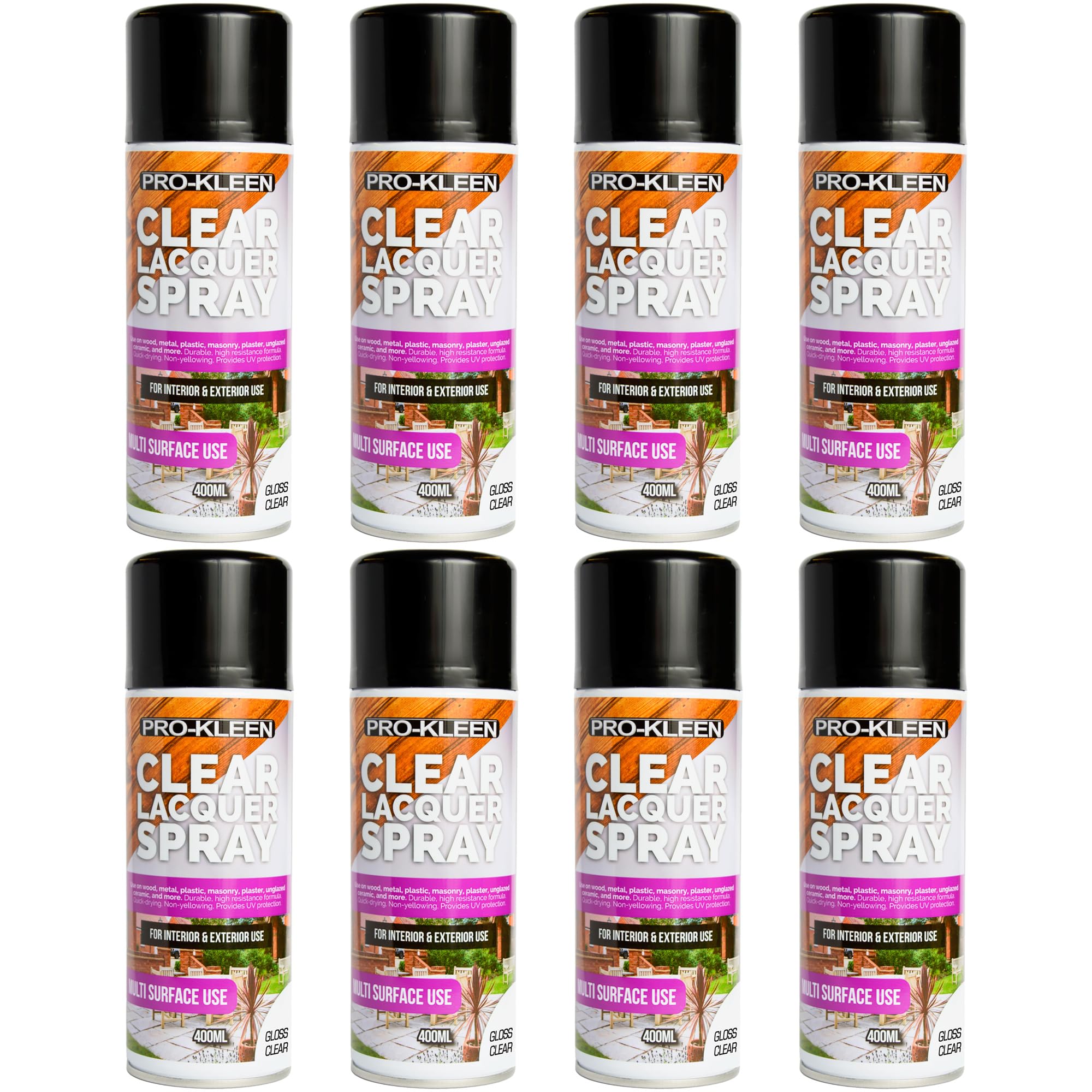 Pro-KleenClear Lacquer Spray - Protects and Seals - for Metal, Wood, Plastics & Ceramics - Fast Drying Formula for Interior and Exterior Surfaces - Clear, Durable & Flexible - (Gloss, 8 x 400ml)