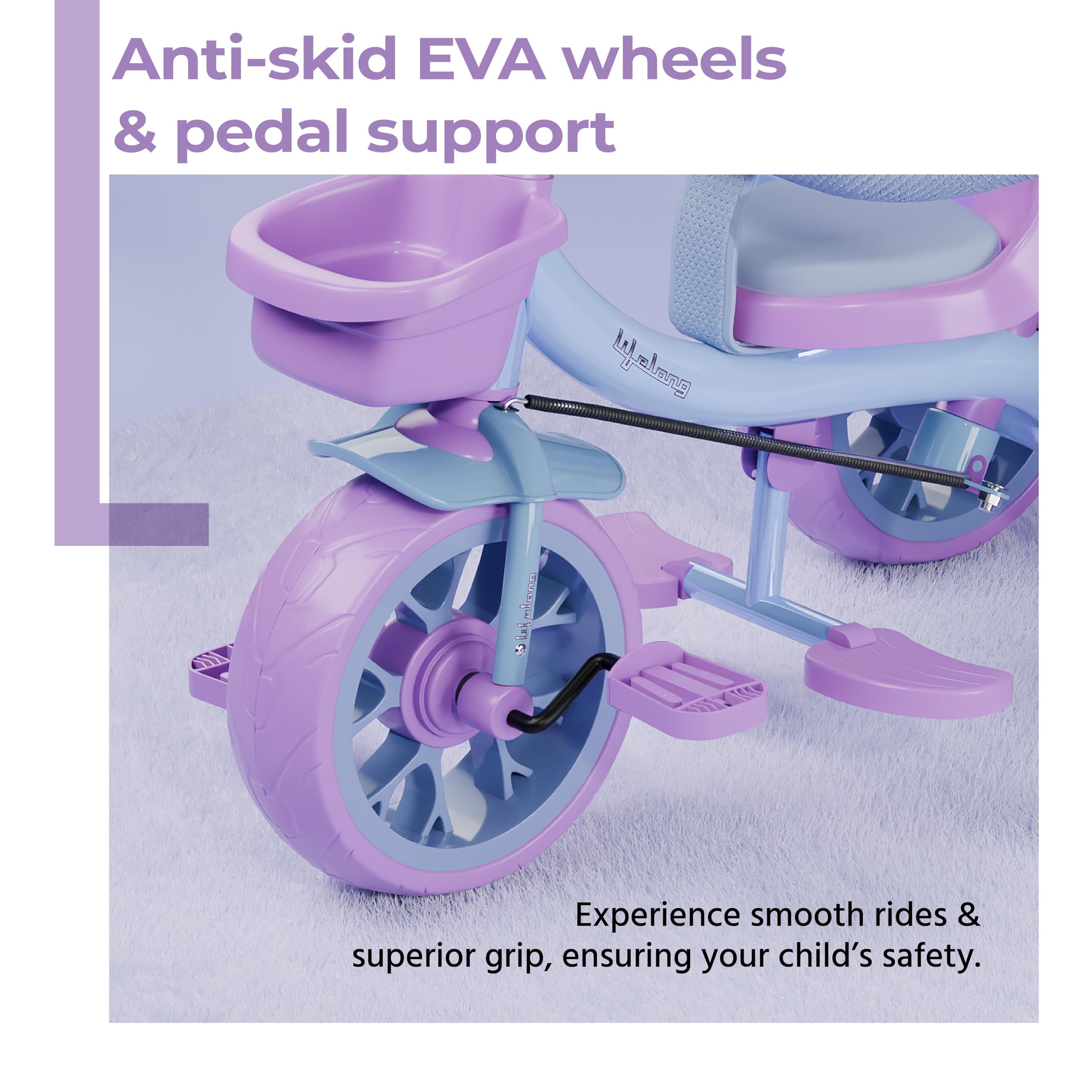 Lifelong Kids Harness Parental Control Tricycle with EVA Wheels, Bell & Storage Basket|Baby Trike|Age Group 1 Years to 4 Years Carrying Capacity Upto 25 kgs, Blue/Lavender - Image 7 thumbnail