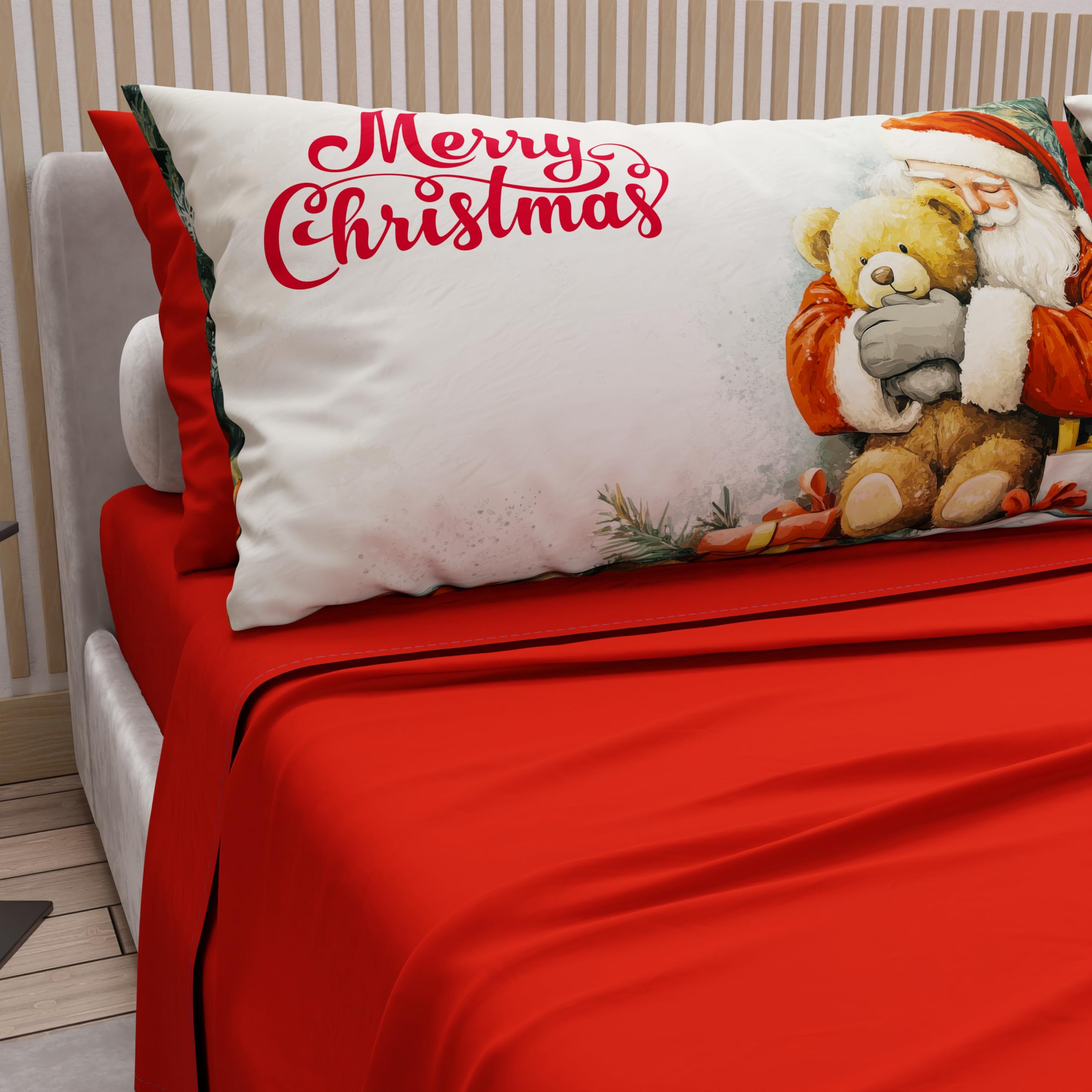 PETTI Italian Artisans - Cotton Sheets with Christmas Digital Print Pillowcases, Christmas Double Sheets, Christmas Double Bed Set, Xmas 12 Red, 100% Made in Italy