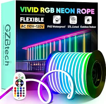 GZBtech RGB LED Neon Rope Lights 133FT/40M, AC 110-120V Waterproof Color Changing LED Rope with Remote Control, Dimmable Multi Color Strip Lighting for Indoor Outdoor Commercial Use, ETL Listed