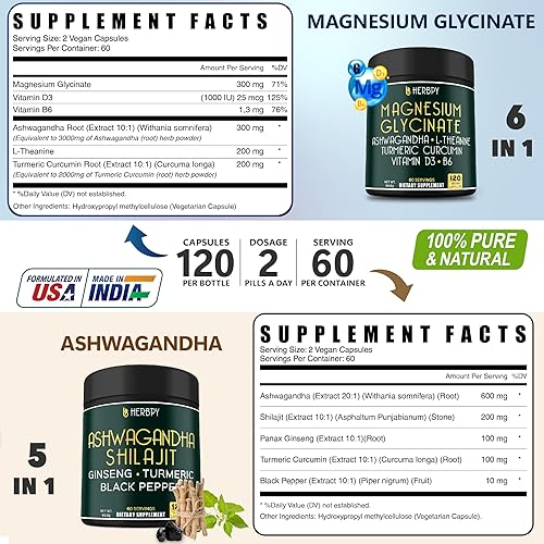 Miniatura 4 de Paquete de suplementos de glicinato de magnesio 6 en 1 y suplementos de Ashwagandha Shilajit 5 en 1