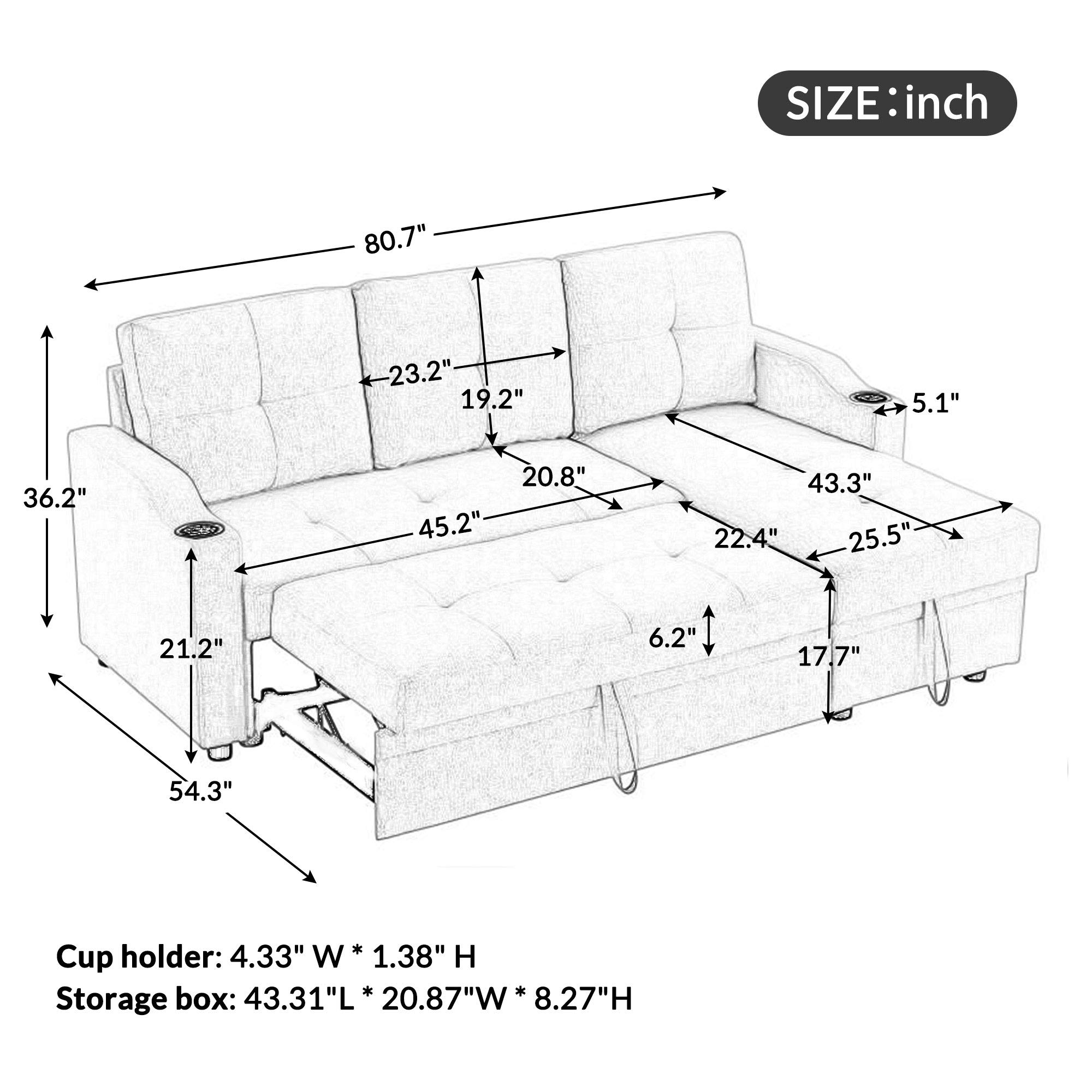 81inch Reversible Sleeper Sectional Sofa with Storage and 2 Cup Holder