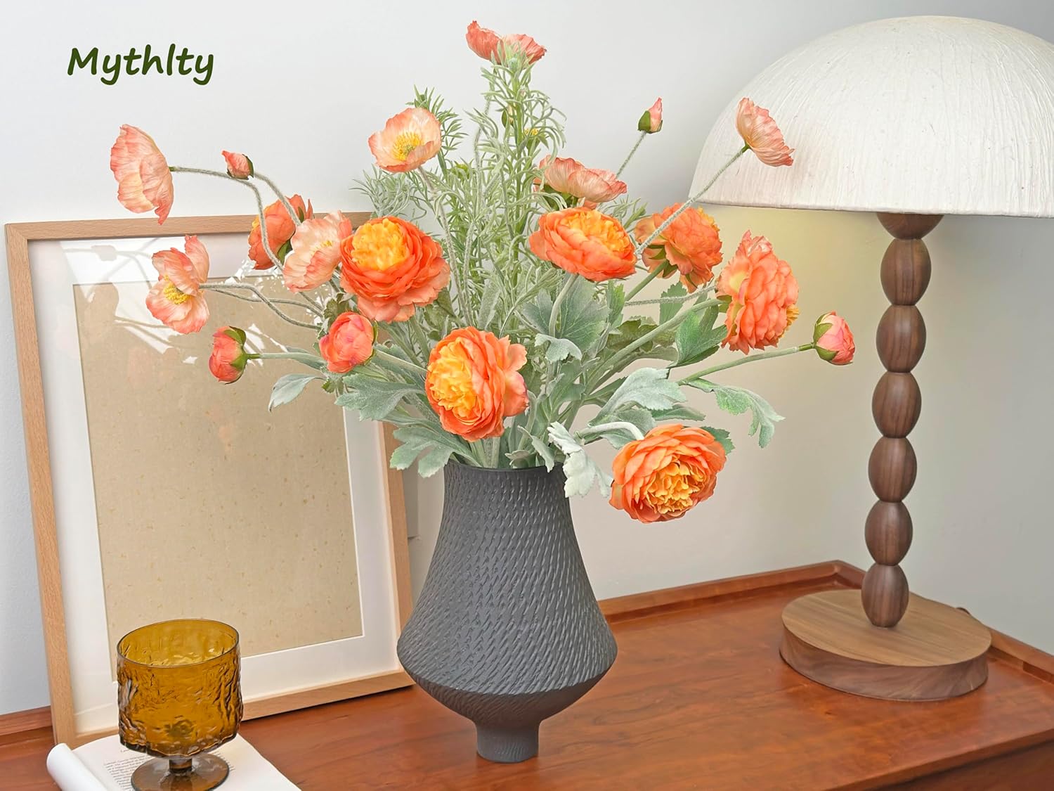 10pcs Orange and Gradient Pink Artificial Flowers for Vase, Fake Peonies Poppies and Daisy Stems Mixed, Silk Ranunculus Flowers Arrangement for Party Farmhouse Office Home Table Decoration