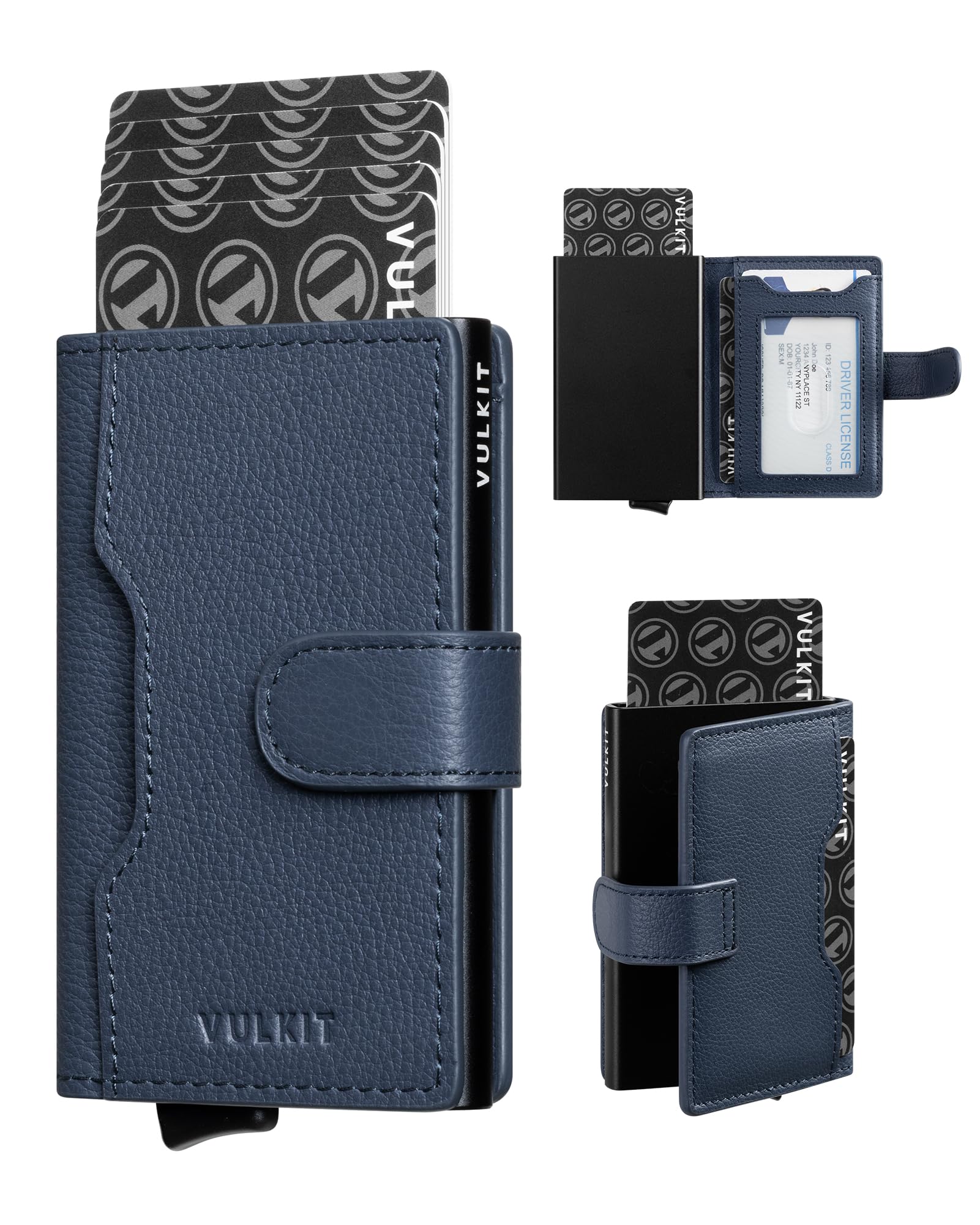 VULKIT Tarjetero Hombre Piel Genuino RFID Bloqueo con Cierre Magnético Carteras para Hombre Metalico Porta Tarjetas con 3 Ranuras y 1 Ventana DNI, Litchi Azul Marino