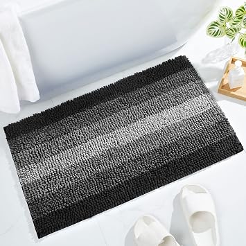 Black Bathroom Rugs, Luxury Chenille Bath Mat, Small Non Slip Shower Rug and Bath Room Floor Mats, Machine Washable, Quick Dry Bathmat, Soft Cozy Plush Rug for Tub, 16" x 24"