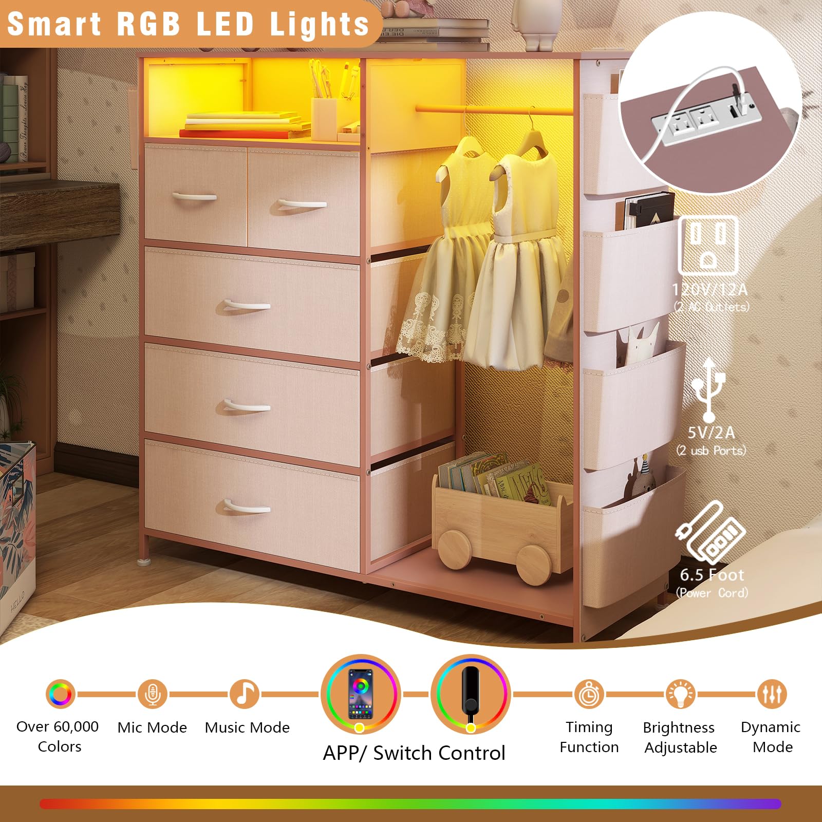 Amazon.com: Espelism Dresser for Bedroom with Clothes Rack Side Pockets 5  Drawer Dresser with Charging Station LED Lights Black Storage Chest of  Drawers for Hallway Closet Sturdy Steel Frame Wood Top (Pink) :