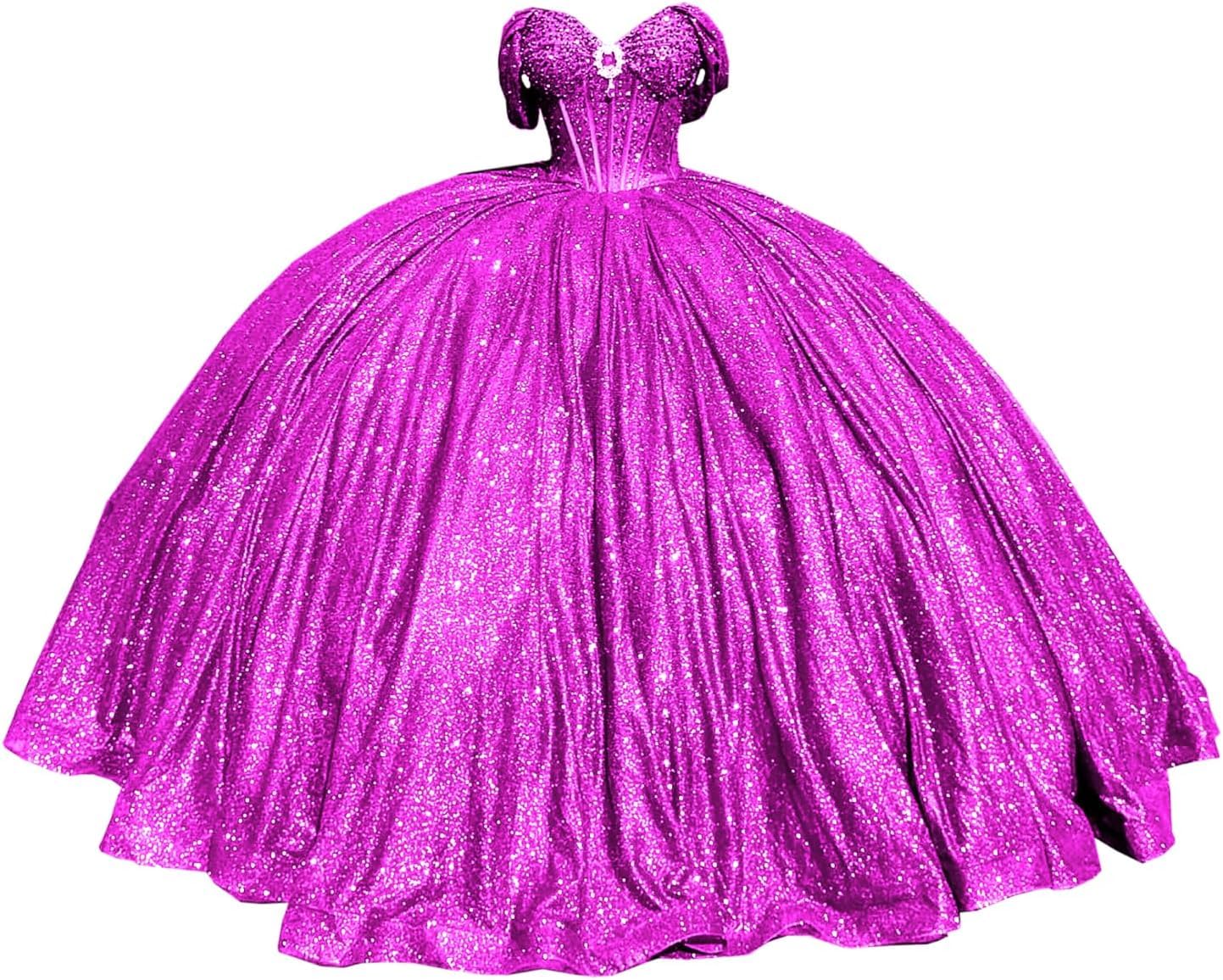 Yifanier Sparkly Beaded Quinceanera Dress with Train Puffy Ball Gown Glitter Long Ball Gowns Sweet 15 16 Dresses MT007 Fuchsia
