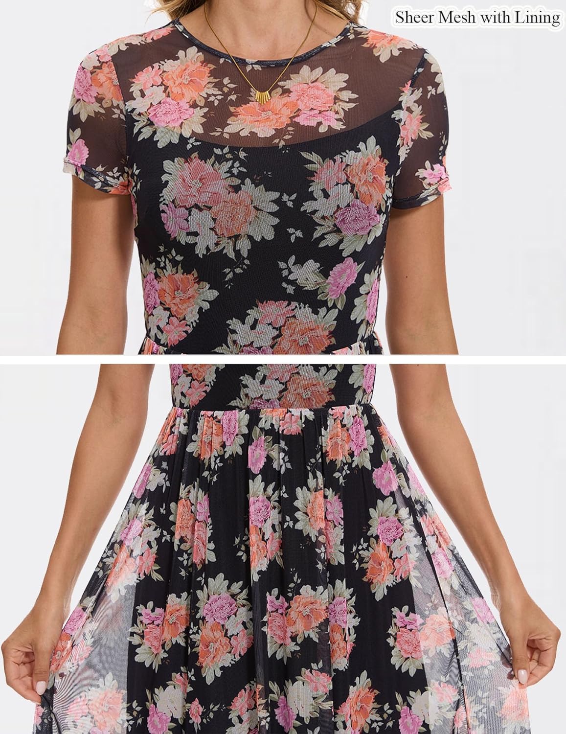 Summer Floral Mesh Maxi Dresses for Women 2025 Sexy Crew Neck Flowy Swing Long Work Cocktail Dress for Wedding Guest - Image 2