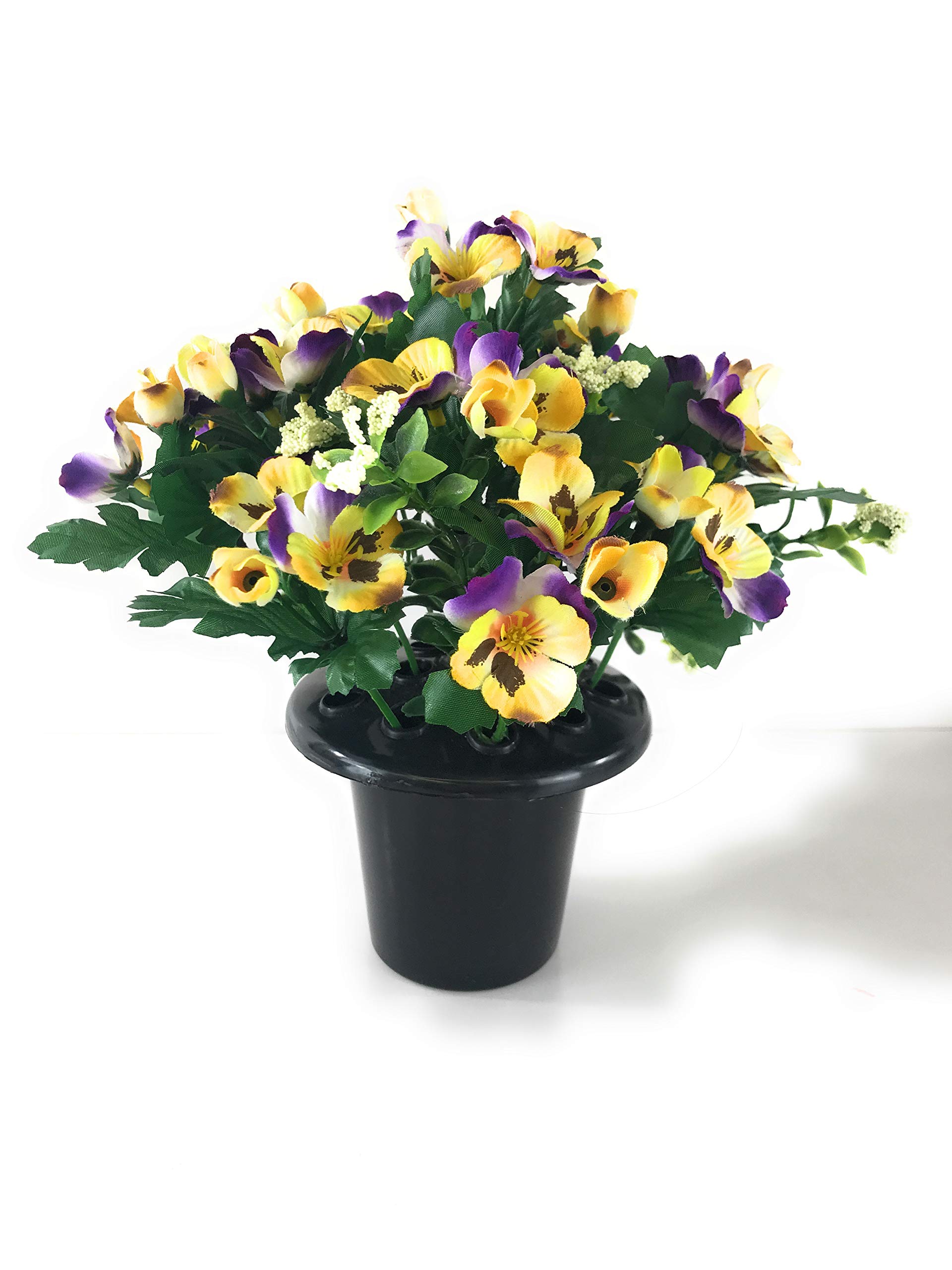 DFS Yellow/Purple Pansy Silk Flower Memorial Vase Grave Insert,Cemetery Tribute Crematorium