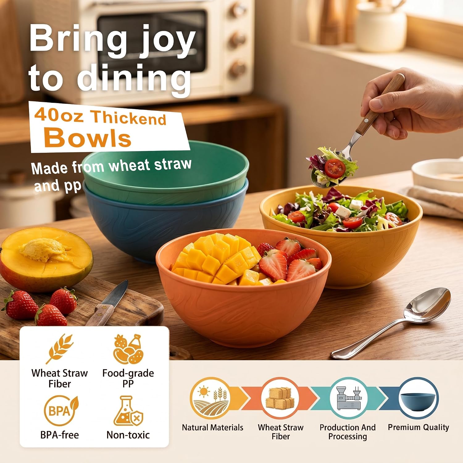 40OZ Wheat Straw Bowls Sets of 8, Plastic Cereal Bowls - Multi image 3