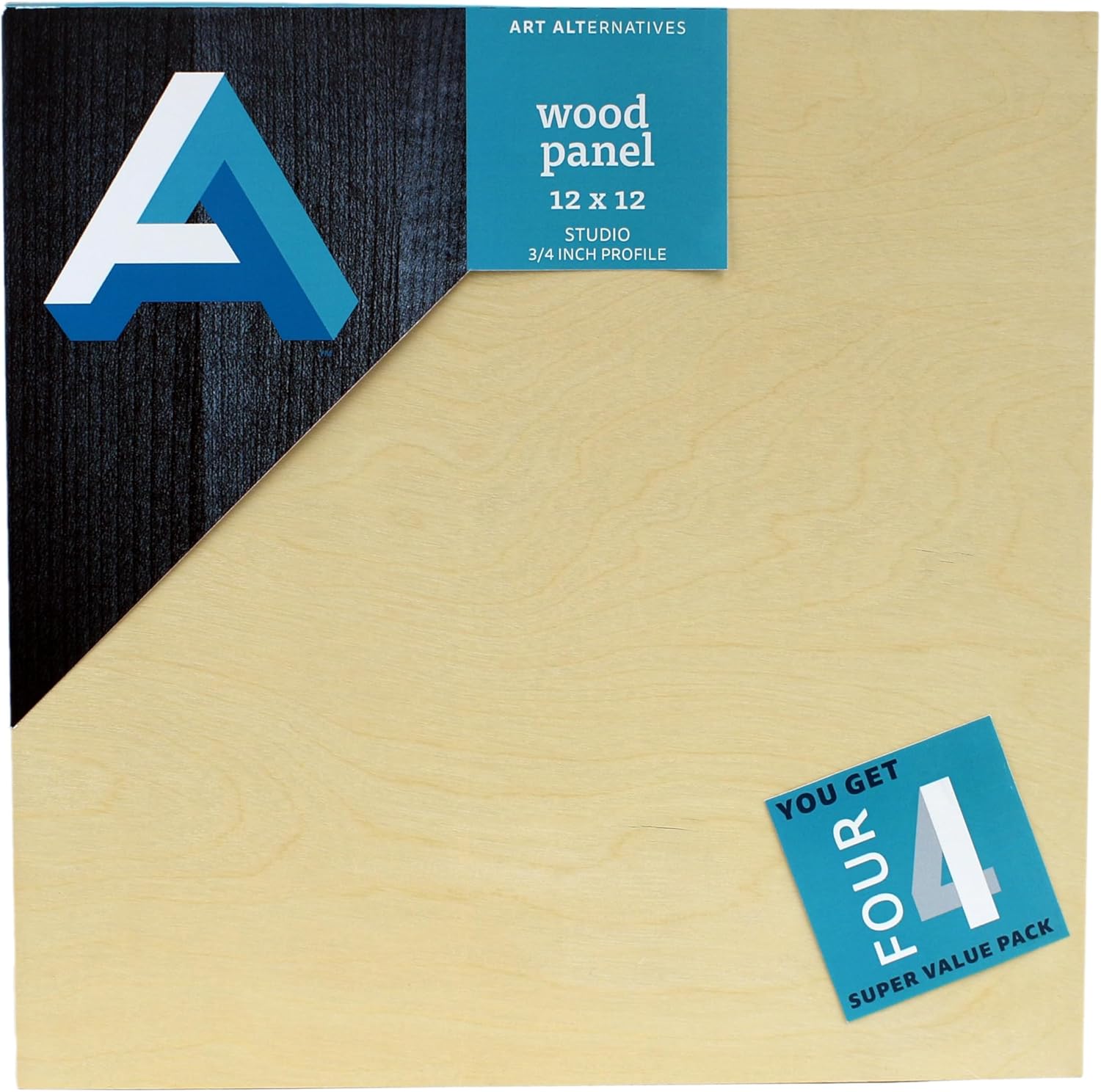 Art Alternatives Classic Wood Panel Value Pack, Studio, .75" Profile, 12" x 12", 4/Pkg.