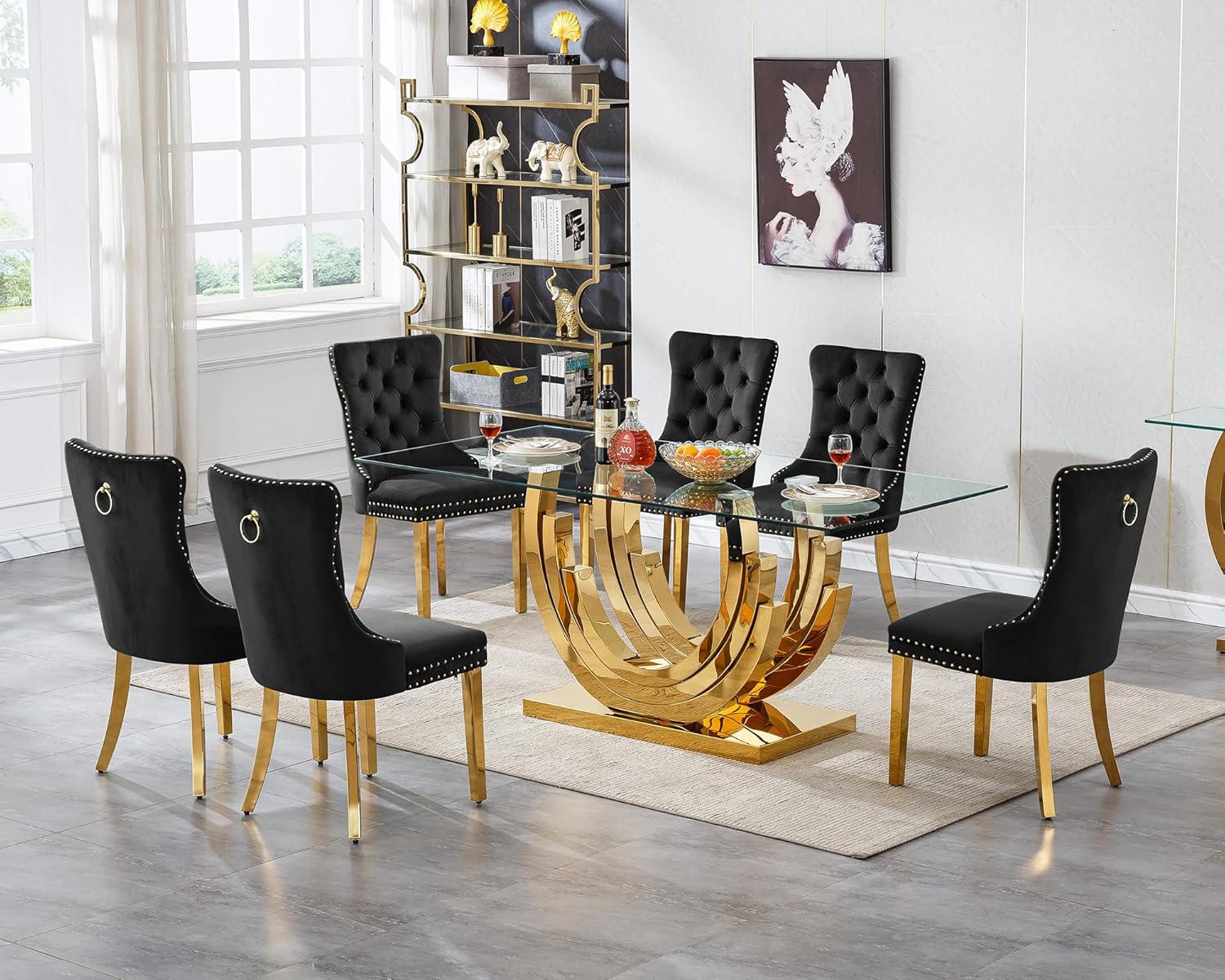 SSLine 7-Piece Gold Glass Dining Table Set for 6, Modern