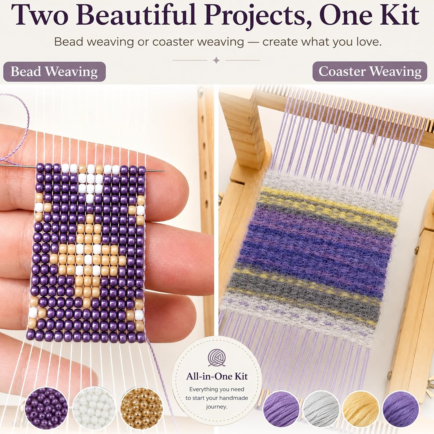 TMEGMIC 2-in-1 Wooden Bead Loom Kit, Bracelet and Coaster Weaving Kit with
