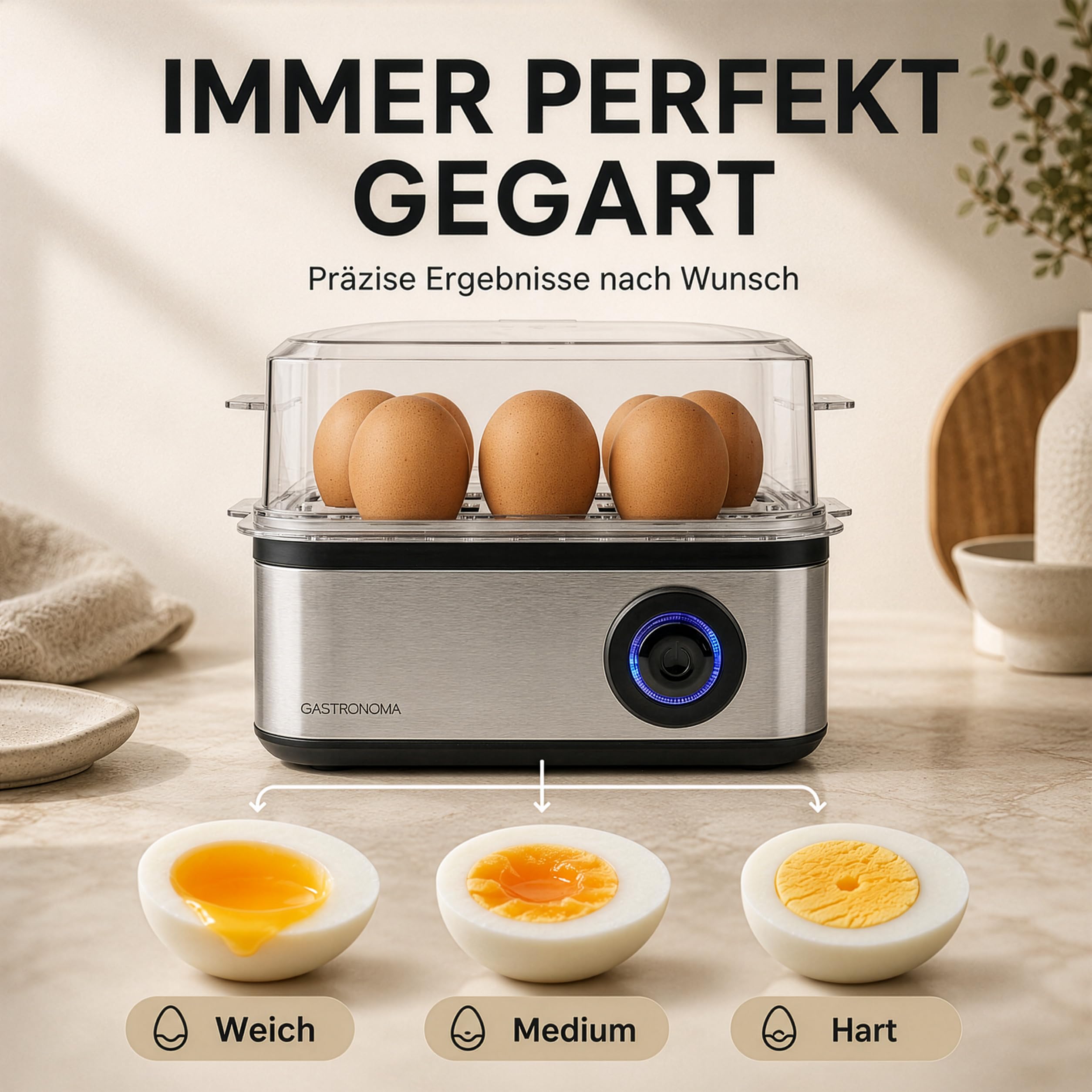 Gastronoma Eierkocher - Eierkocher 8 Eier - Egg Cooker mit Timer - Edelstahl - Silber