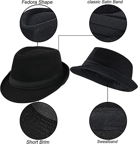 Miniatura 3 de Sombrero unisex clásico de Manhattan-Gangster-Fedora-Sombrero Trilby de ala corta, para mujeres y hombres, de fieltro de lana, con banda (SM)