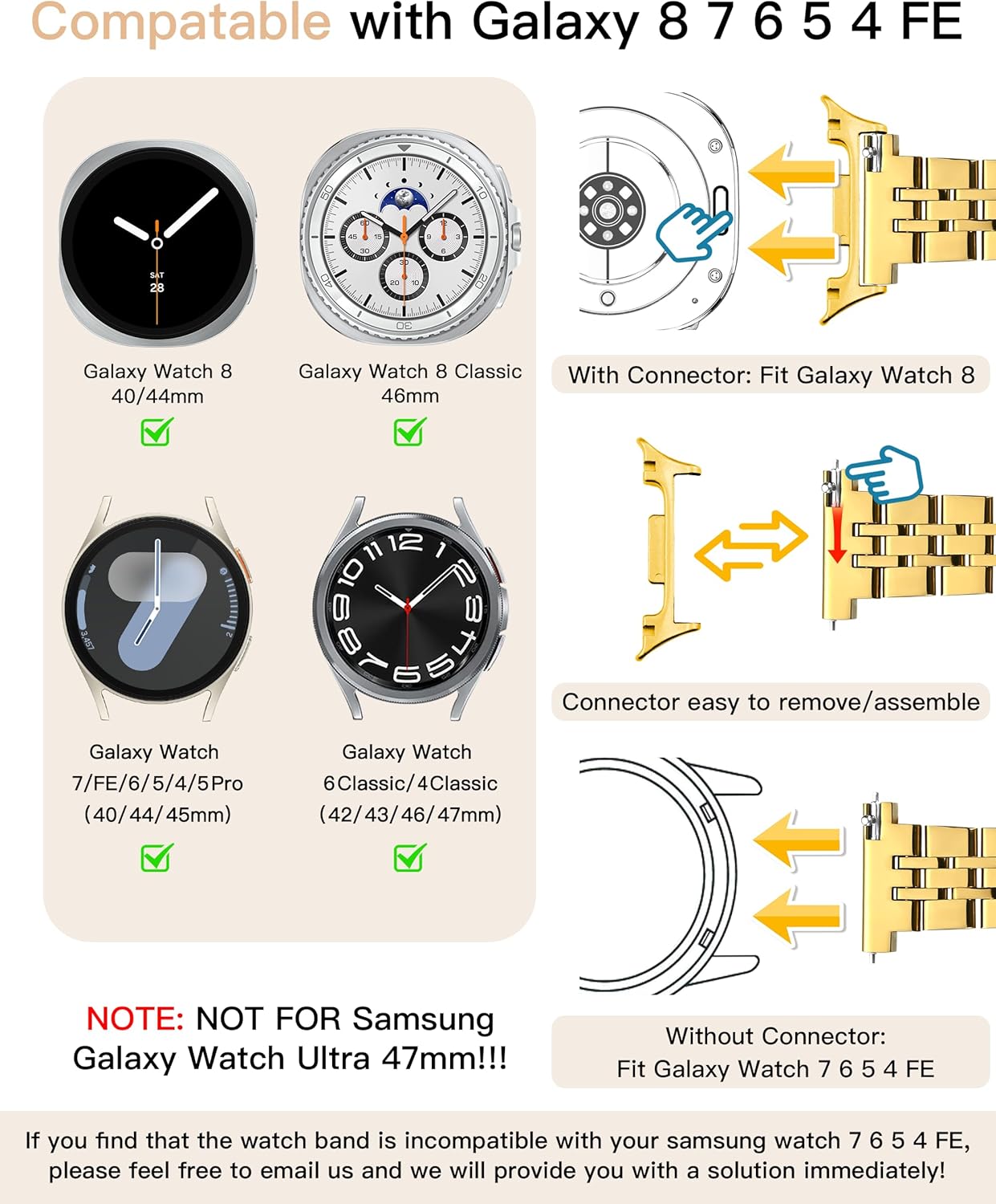 wipalor Galaxy Watch 8 8 Classic 7 6 5 4 FE 40mm 44mm 46mm Bands for Samsung Watch Bands, 20mm Watch Band Women Thin Metal Galaxy Watch Bands for Samsung Watch Bands 6 4 Classic/5 Pro/Active 2-Gold - Image 3