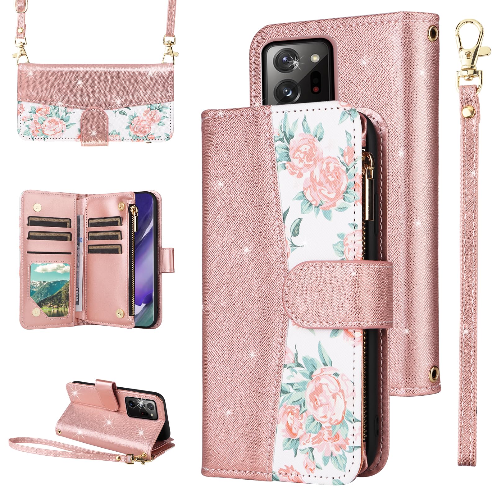 Furiet for Samsung Galaxy Note 20 Ultra 5G Floral Wallet Case with Wrist Strap Shoulder Strap Flip Zipper Purse Stand Phone Cover for Note20 Plus