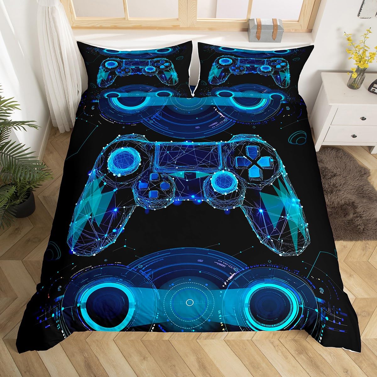 Homewish Gamer Comforter Cover Gaming Bedding Set,Video Games Duvet Cover Sets For Children Boys Girls,Gamepad Design Quilt Cover Youth Man Bedroom Decor,Double Size,Black Blue