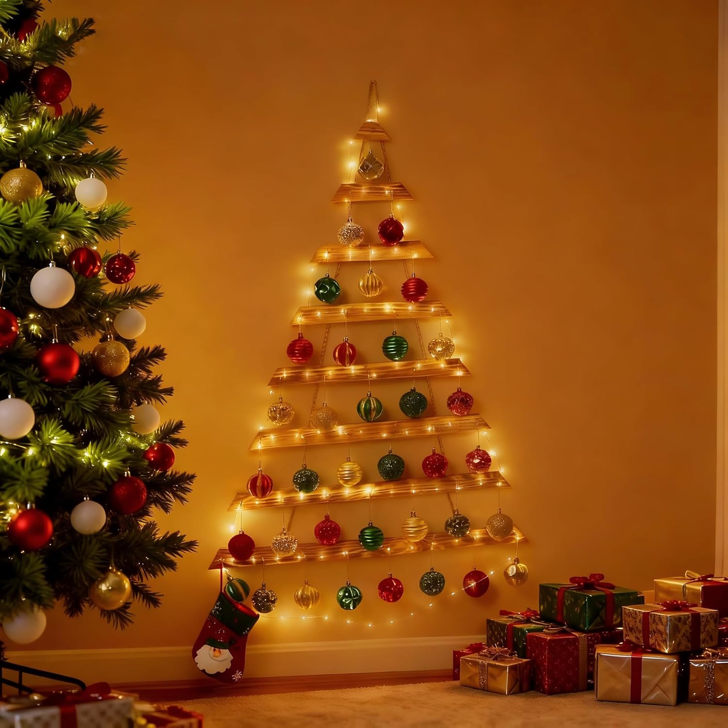 44" Wall Hanging Christmas Tree with Remote LED Lights and 36 Ornaments, Lighted Wood Christmas Tree for Living Room, Bedroom Holiday Wall Decor