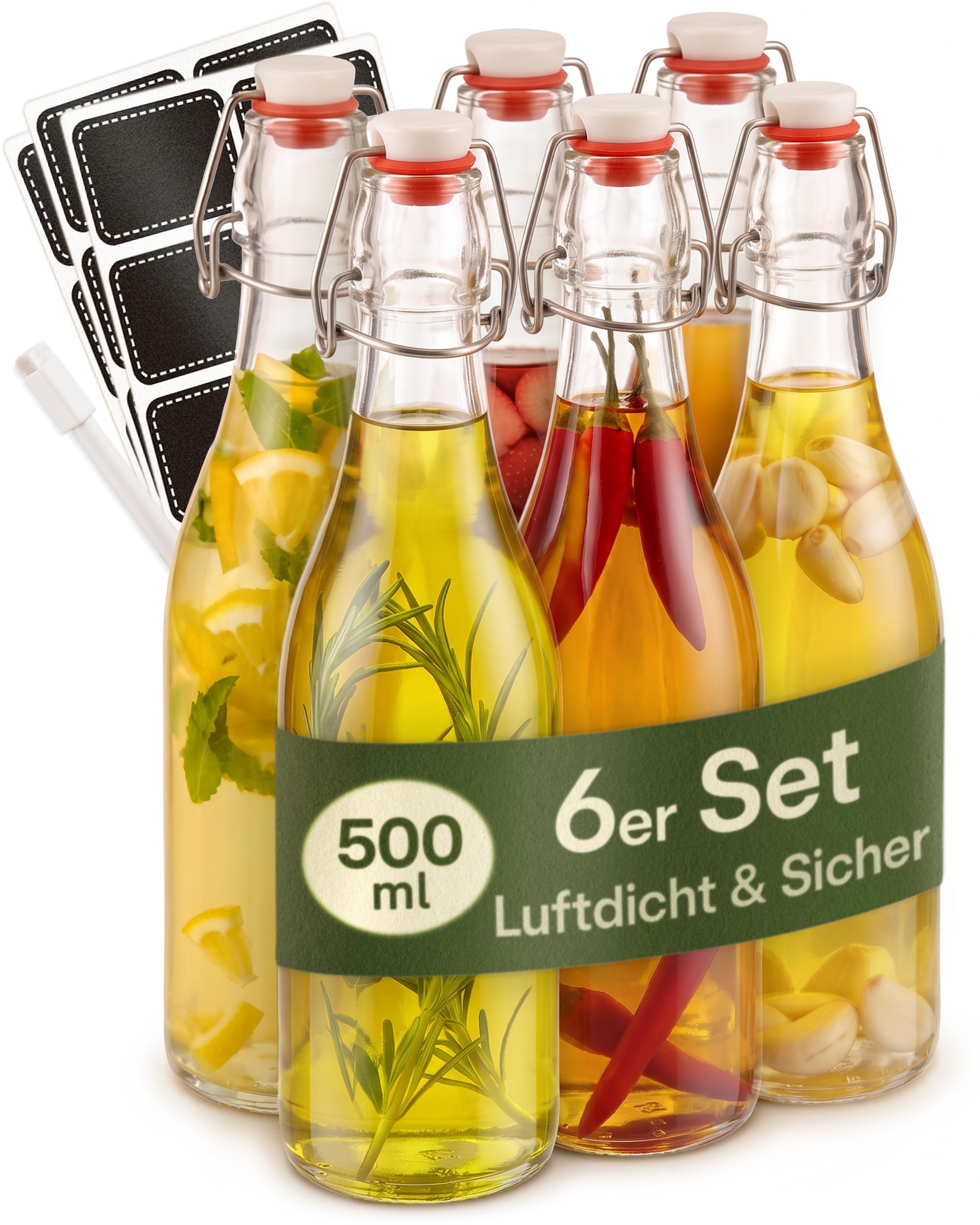 Praknu 6x Glasflaschen 500ml – Saftflaschen – Likörflaschen – Bügelflaschen
