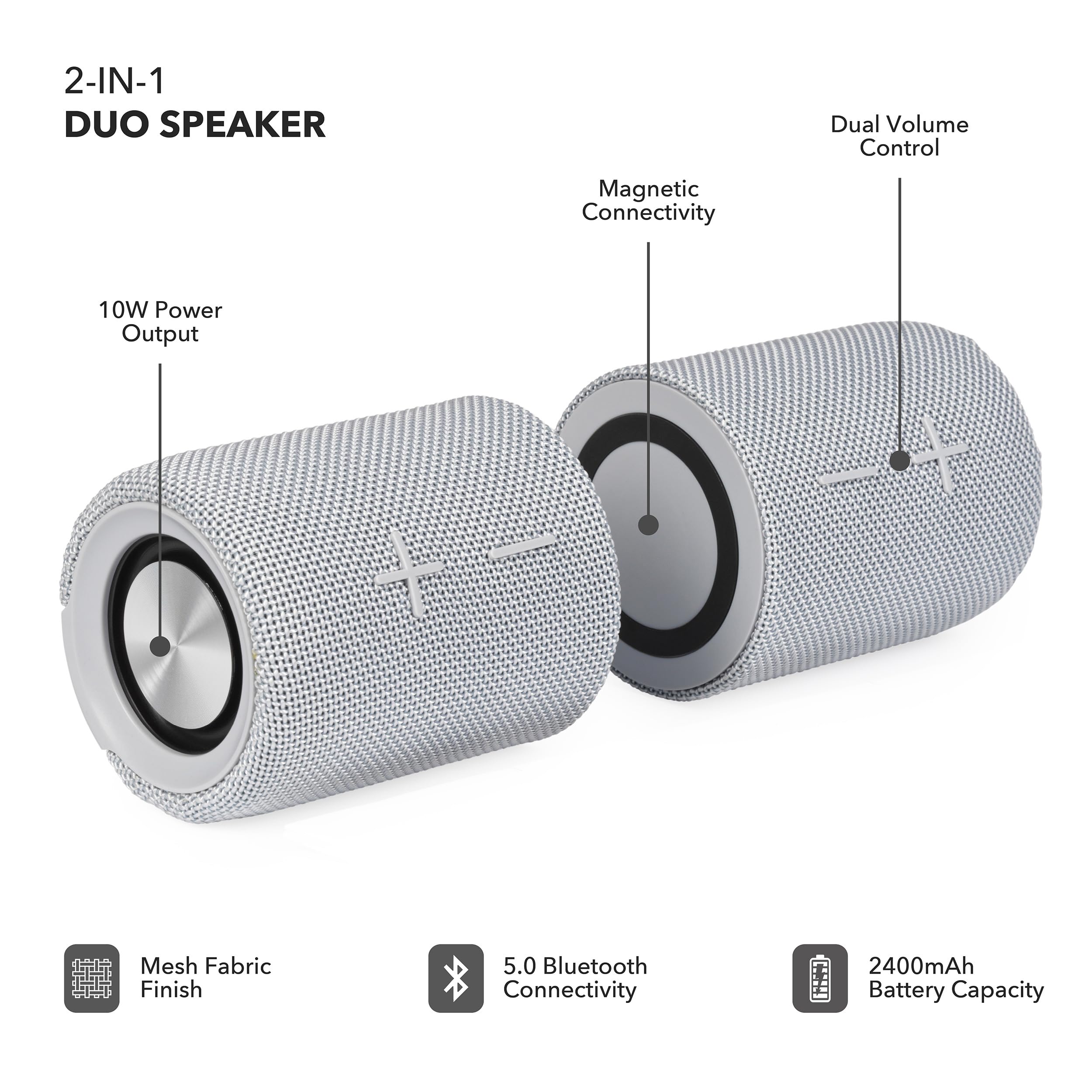 Intempo Aria Duo Głośnik Bezprzewodowy – Magnetyczne Głośniki Bluetooth 6.0 20 W, Tryb TWS, Dźwięk Stereo HD, Akumulator, Uchwyt, Wodoodporność IPX4, USB‑C, Szary