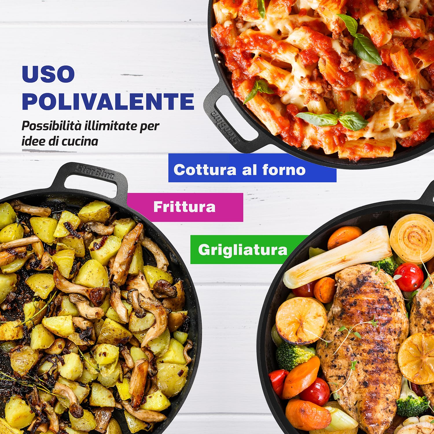 StarBlue Teglia per pizza in ghisa da 16 pollici con manici in silicone e 30 ricette Ebook, prestagionato, accessori per la cucina per gli amanti della pizza, cottura, griglia, barbecue, forno