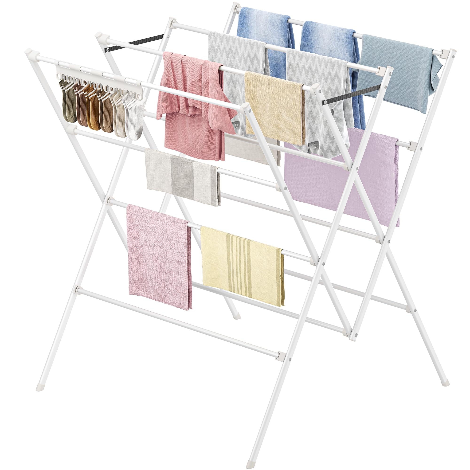 HOMIDEC Clothes Airer with Sock Clips, Foldable Clothes Drying Rack, X Shaped Stainless Steel Clothes Horse Laundry Drying Rack Airer for Indoor Outdoor Use