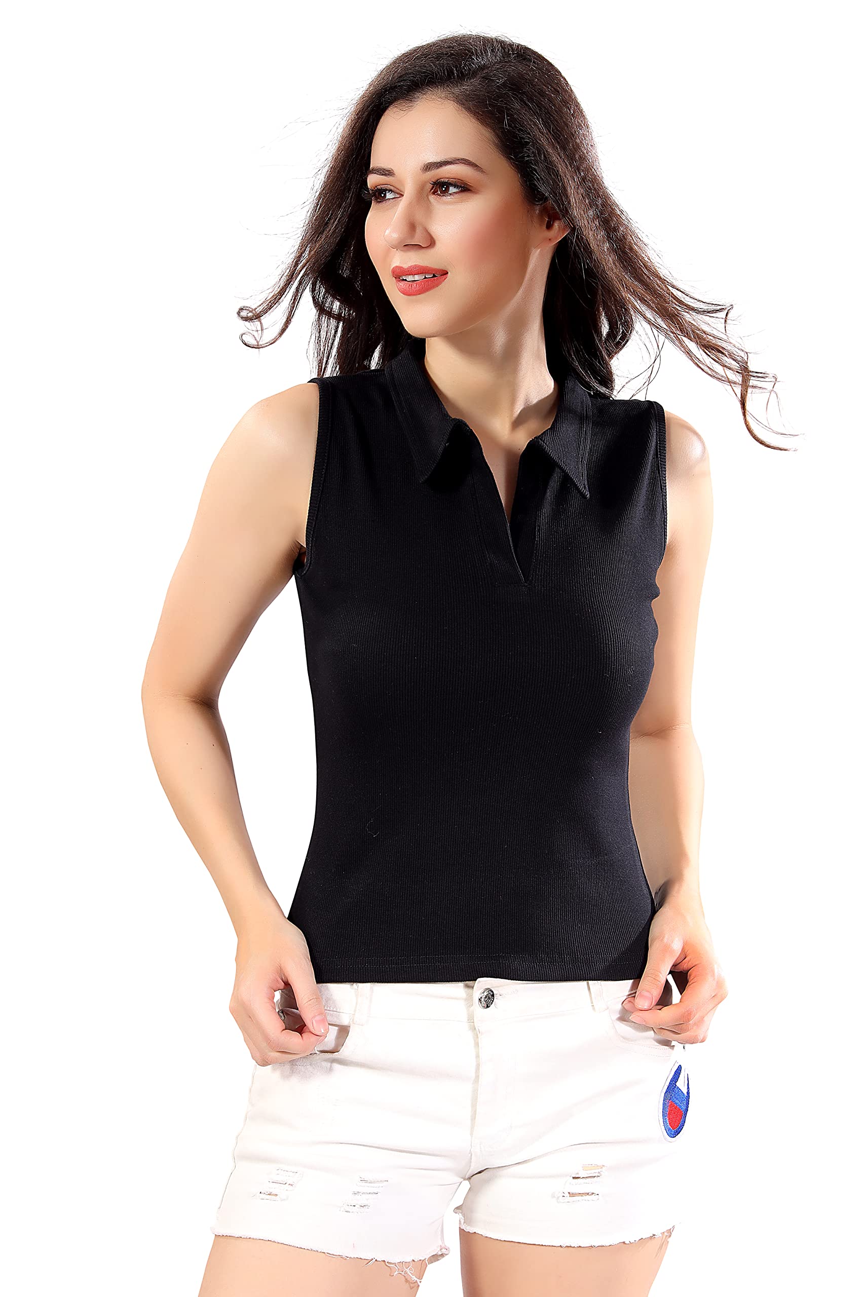 Women’s Sleeveless Rib Knitted Cotton Racer Back Tank Tops Collared Neck Crop Tank Tops - Available Sizes -XS, S, M,L,XL,2XL