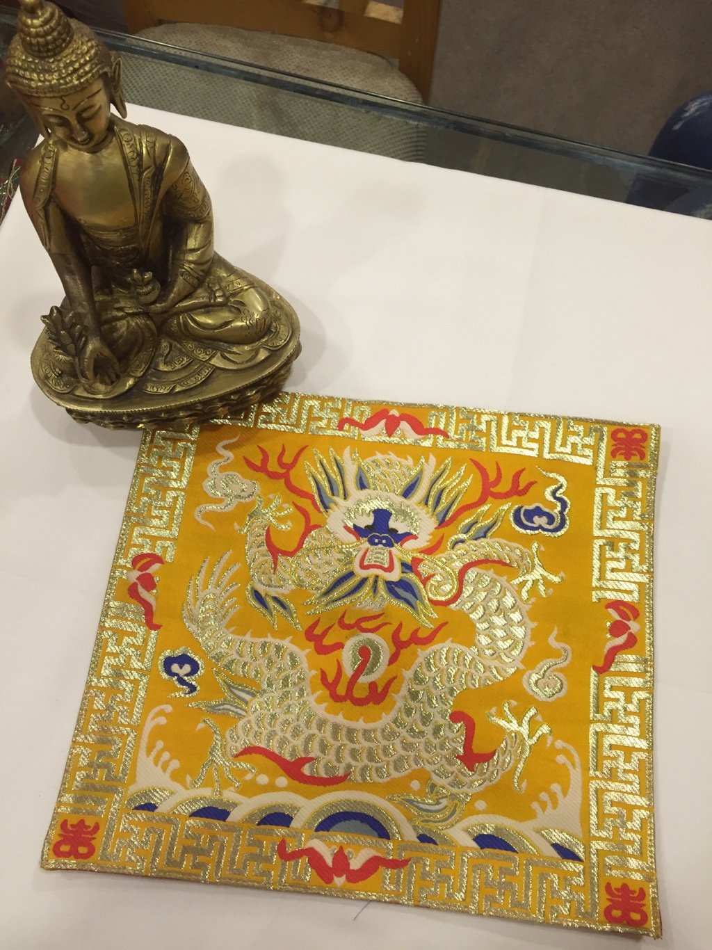 Tibetan Handloom Nepal Yellow Tibetan Buddhist Silk Brocade Dragon Placemat/Table Cover/Altar Cloth/Shrine Cover