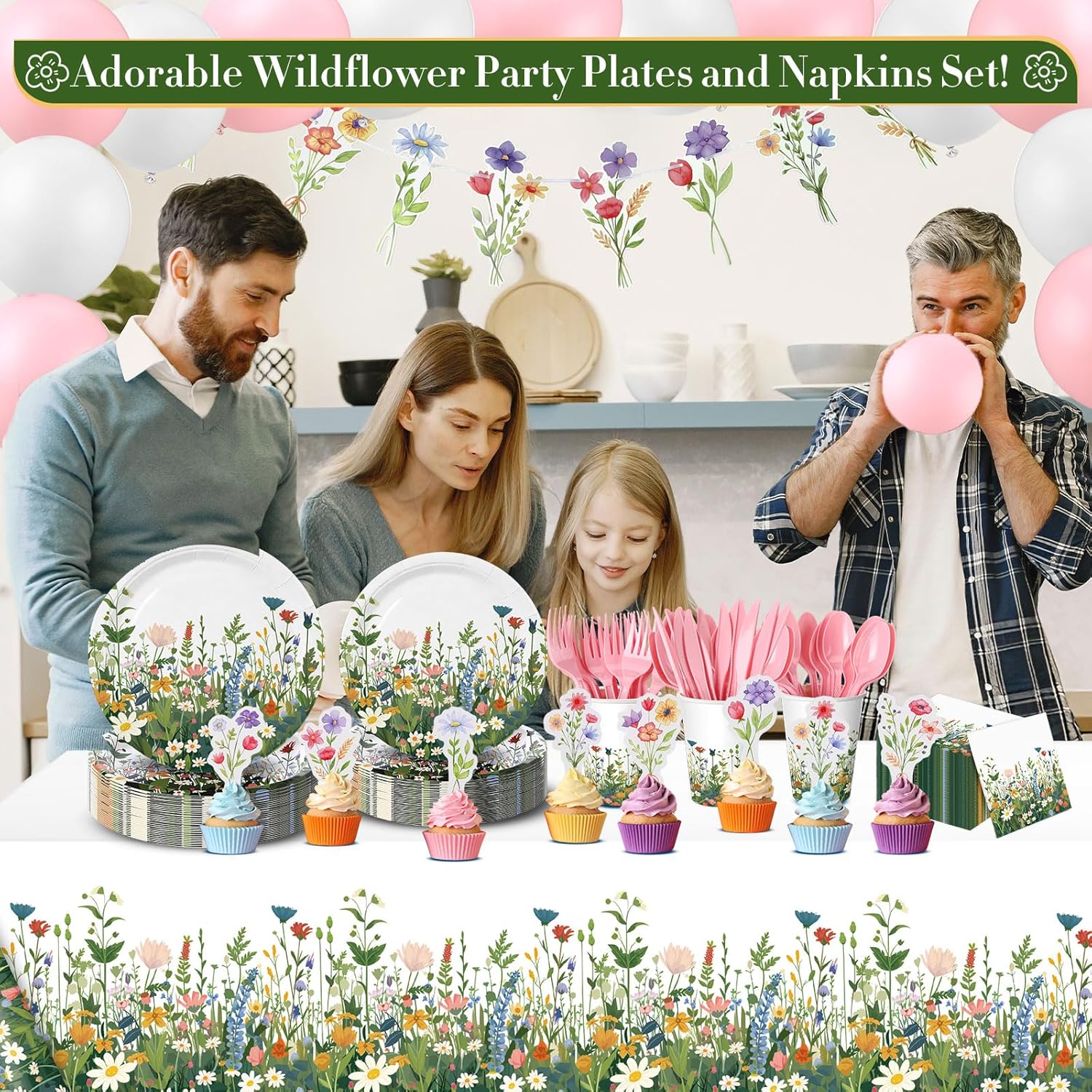 Yungyan 208 Pcs Spring Wildflower Party Decorations Include Plates, Cups, Napkins, Cutlery, Tablecloth, Balloons, Banner & Cake Toppers for Floral Baby Shower Birthday Brunch Decorations, Serves 24