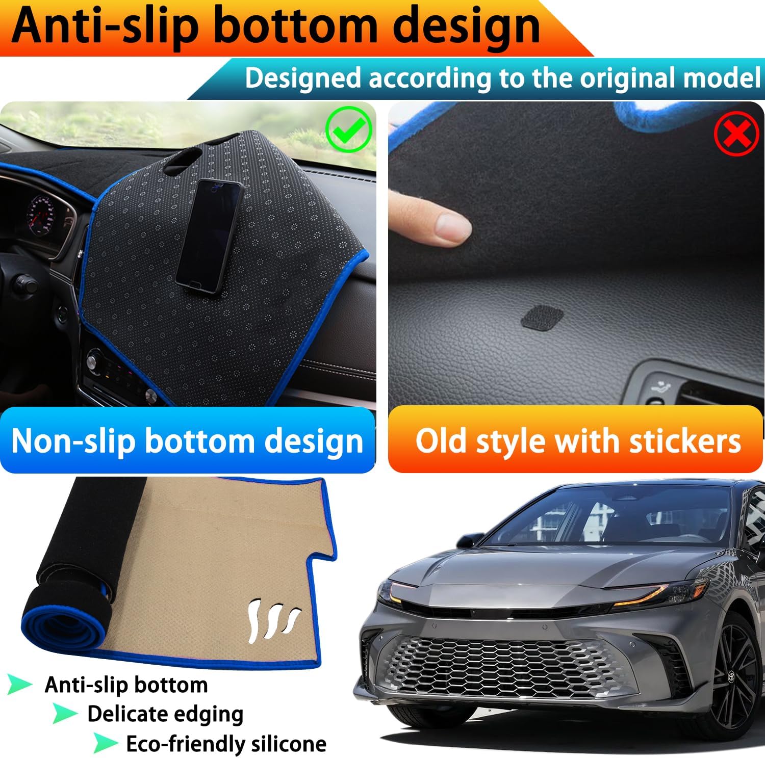 Dash Cover Mat for Toyota Camry Accessories 2025 2026, Dashboard Mat, Center Console Cover Sunshield Protector Mat, Dashboard Decorative Interior, UV Rays Protector Mat (Blue Trim)